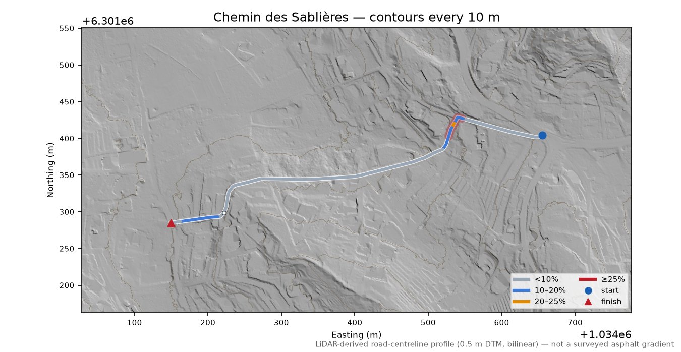 Chemin des Sablières LiDAR hillshade map with contours