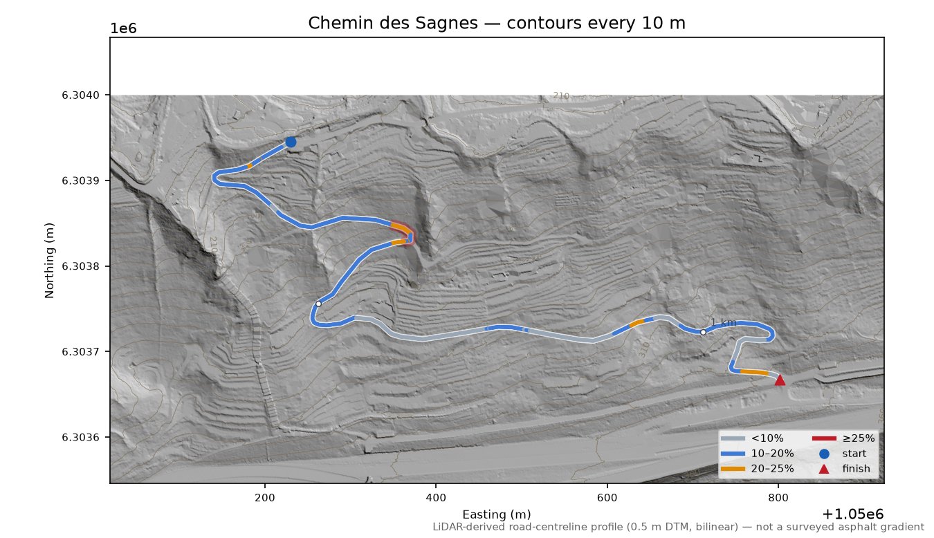 Chemin des Sagnes LiDAR hillshade map with contours