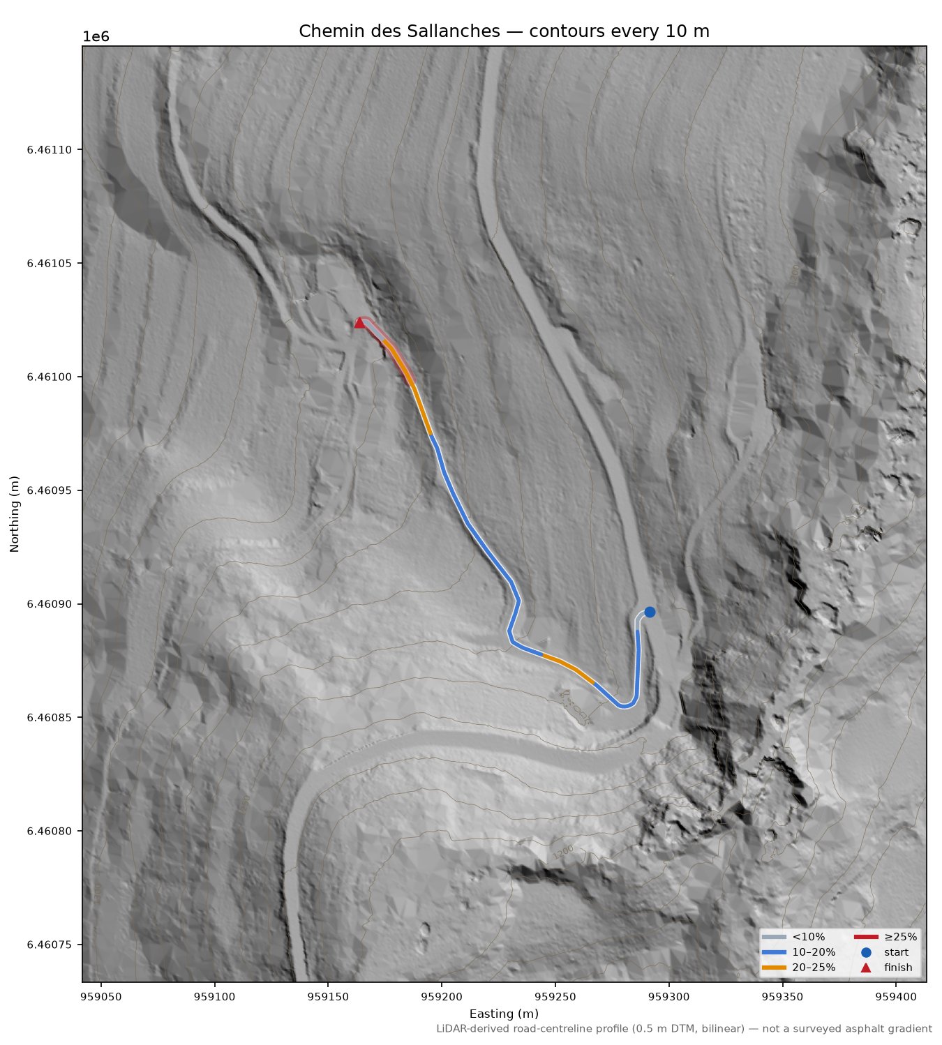 Chemin des Sallanches LiDAR hillshade map with contours