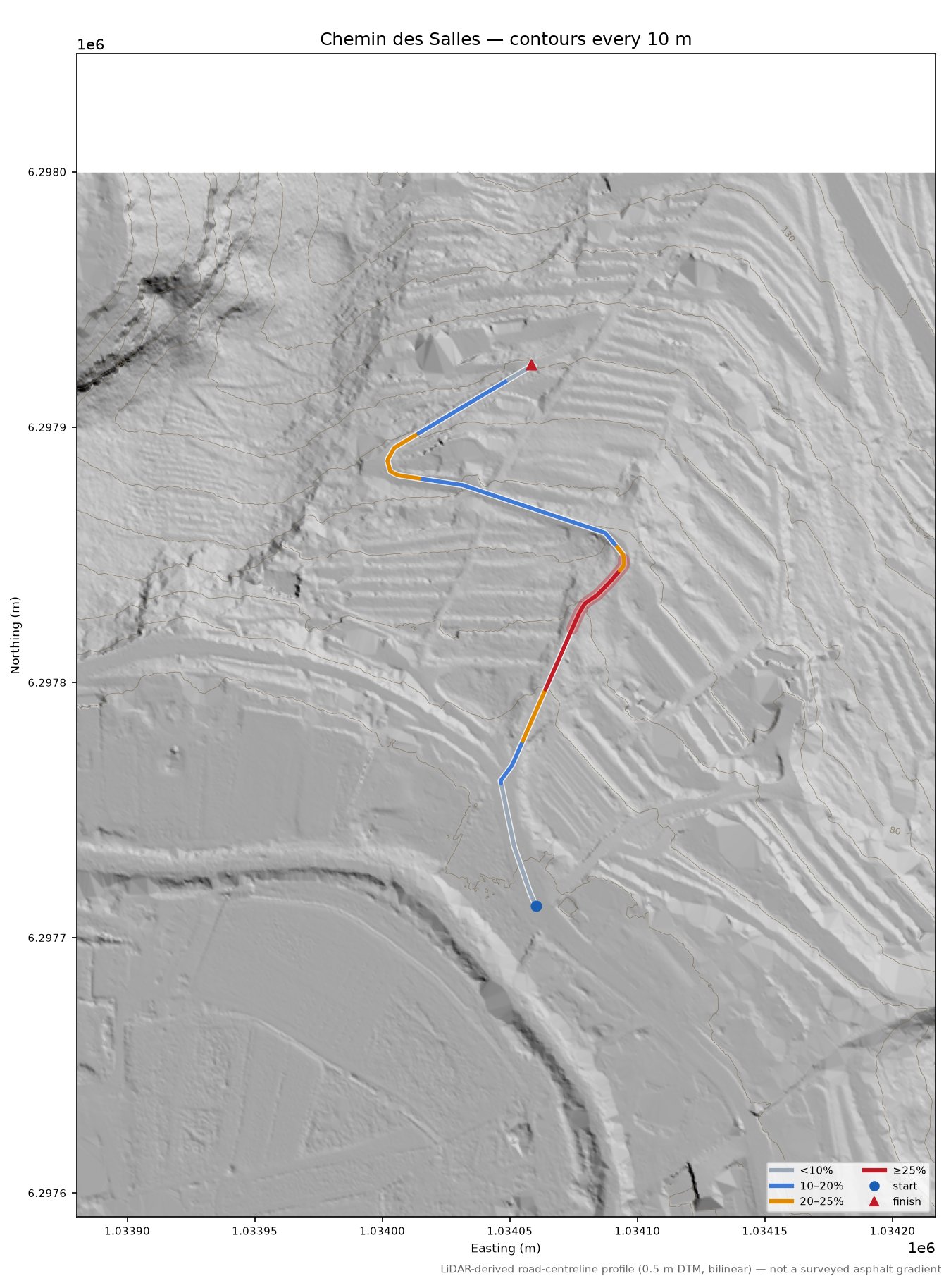 Chemin des Salles LiDAR hillshade map with contours