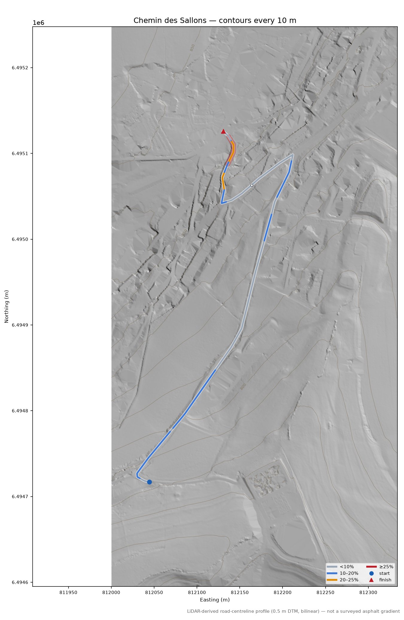 Chemin des Sallons LiDAR hillshade map with contours