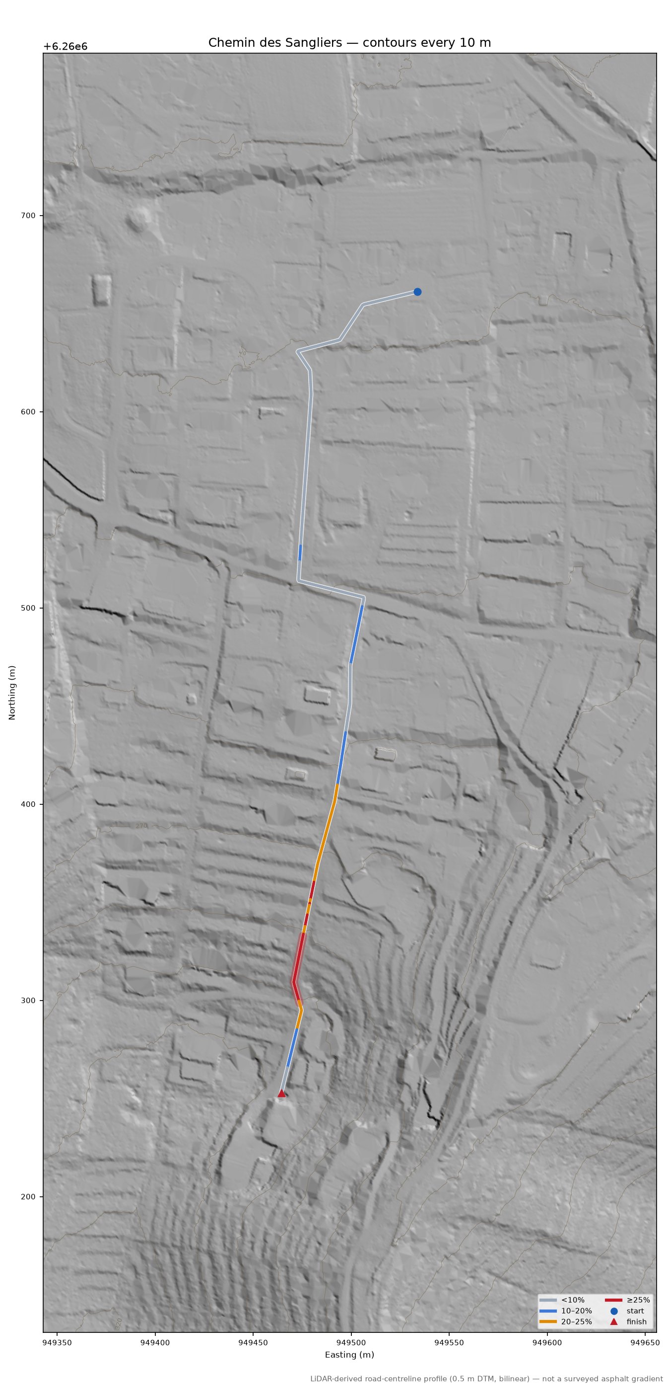 Chemin des Sangliers LiDAR hillshade map with contours
