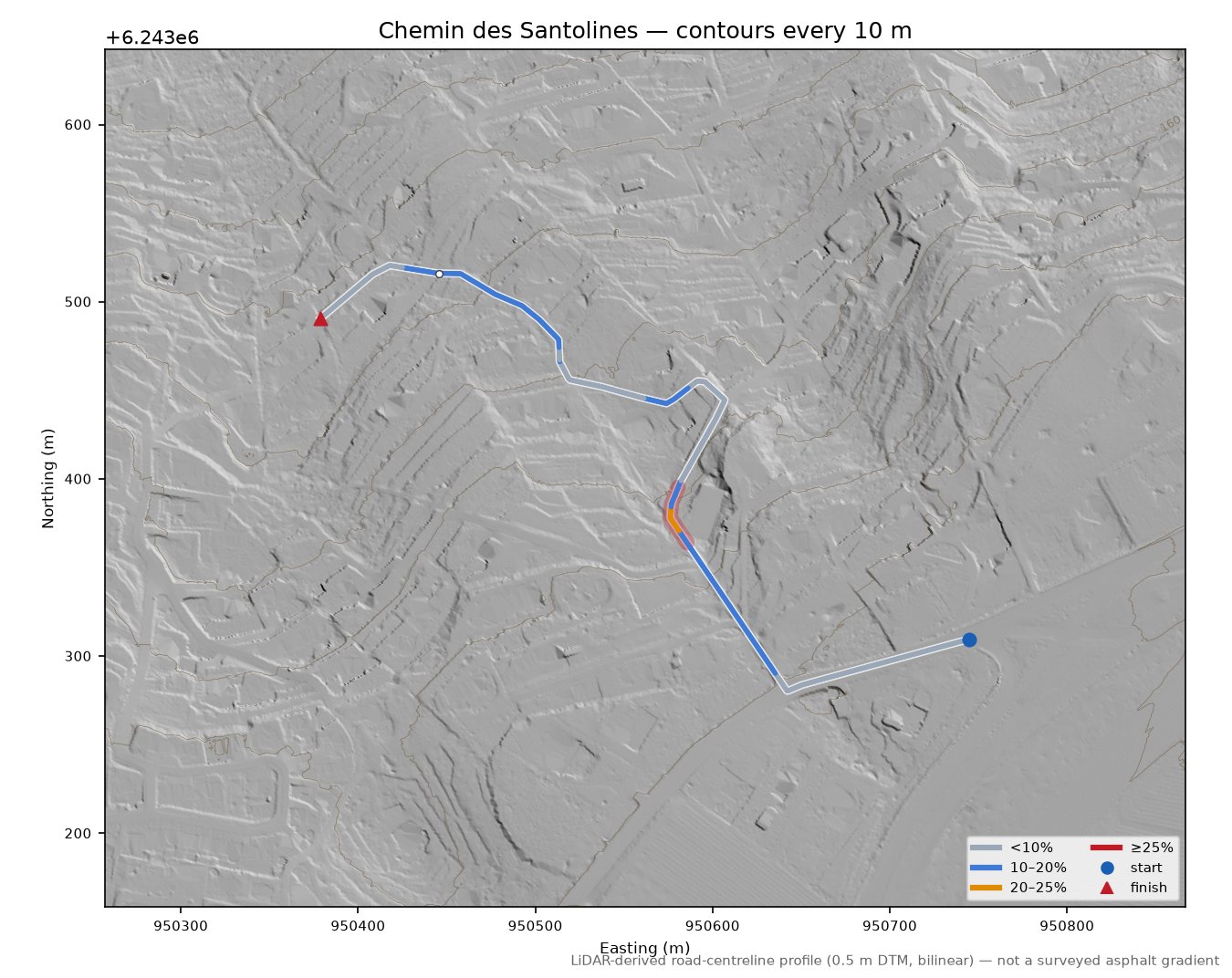 Chemin des Santolines LiDAR hillshade map with contours