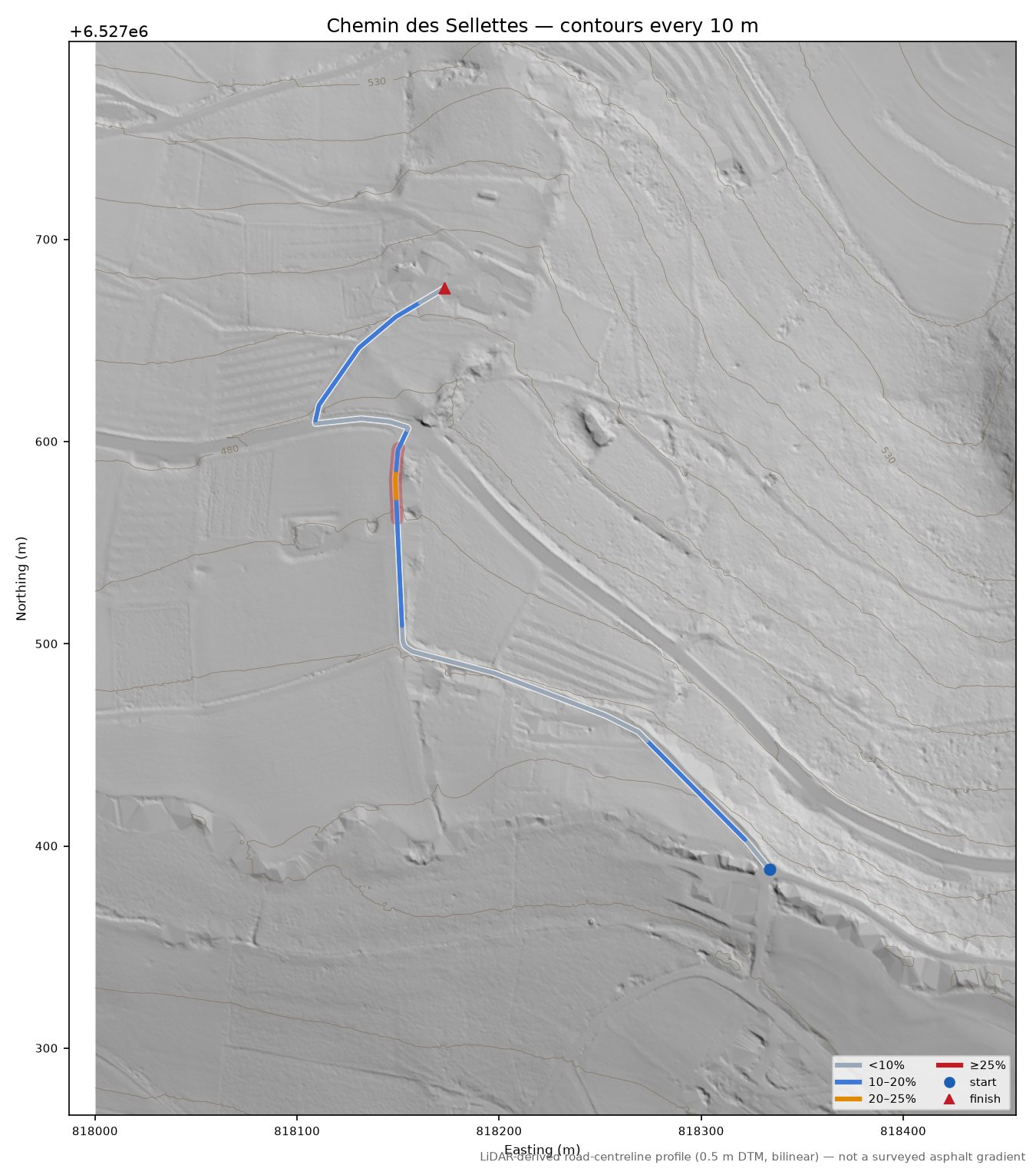 Chemin des Sellettes LiDAR hillshade map with contours