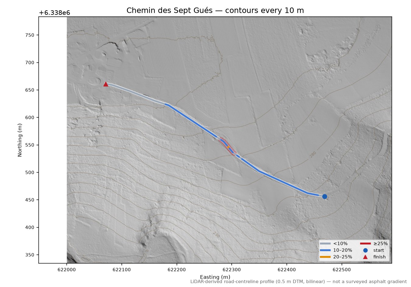 Chemin des Sept Gués LiDAR hillshade map with contours