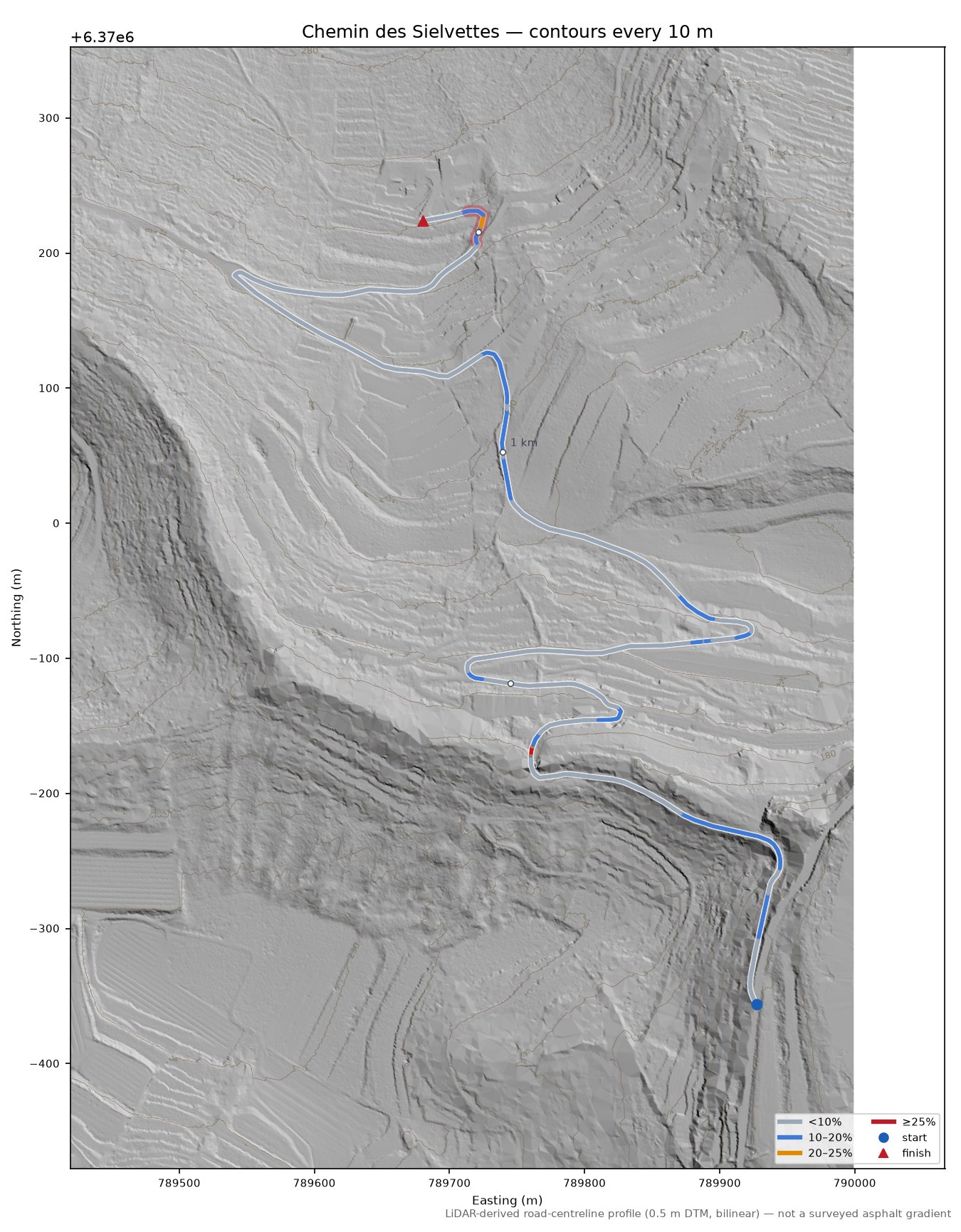 Chemin des Sielvettes LiDAR hillshade map with contours