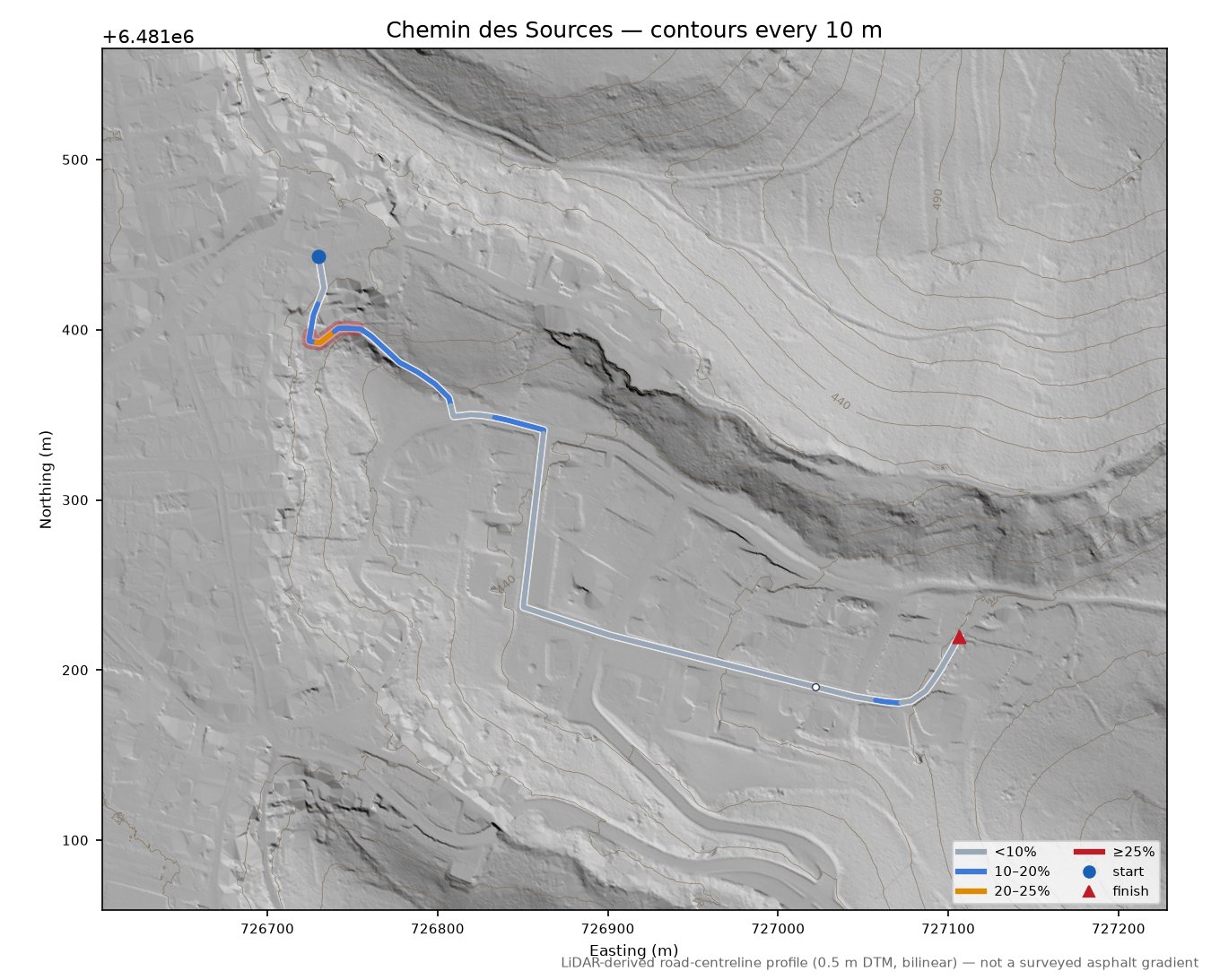Chemin des Sources LiDAR hillshade map with contours