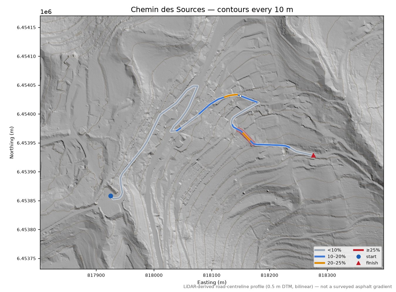 Chemin des Sources LiDAR hillshade map with contours