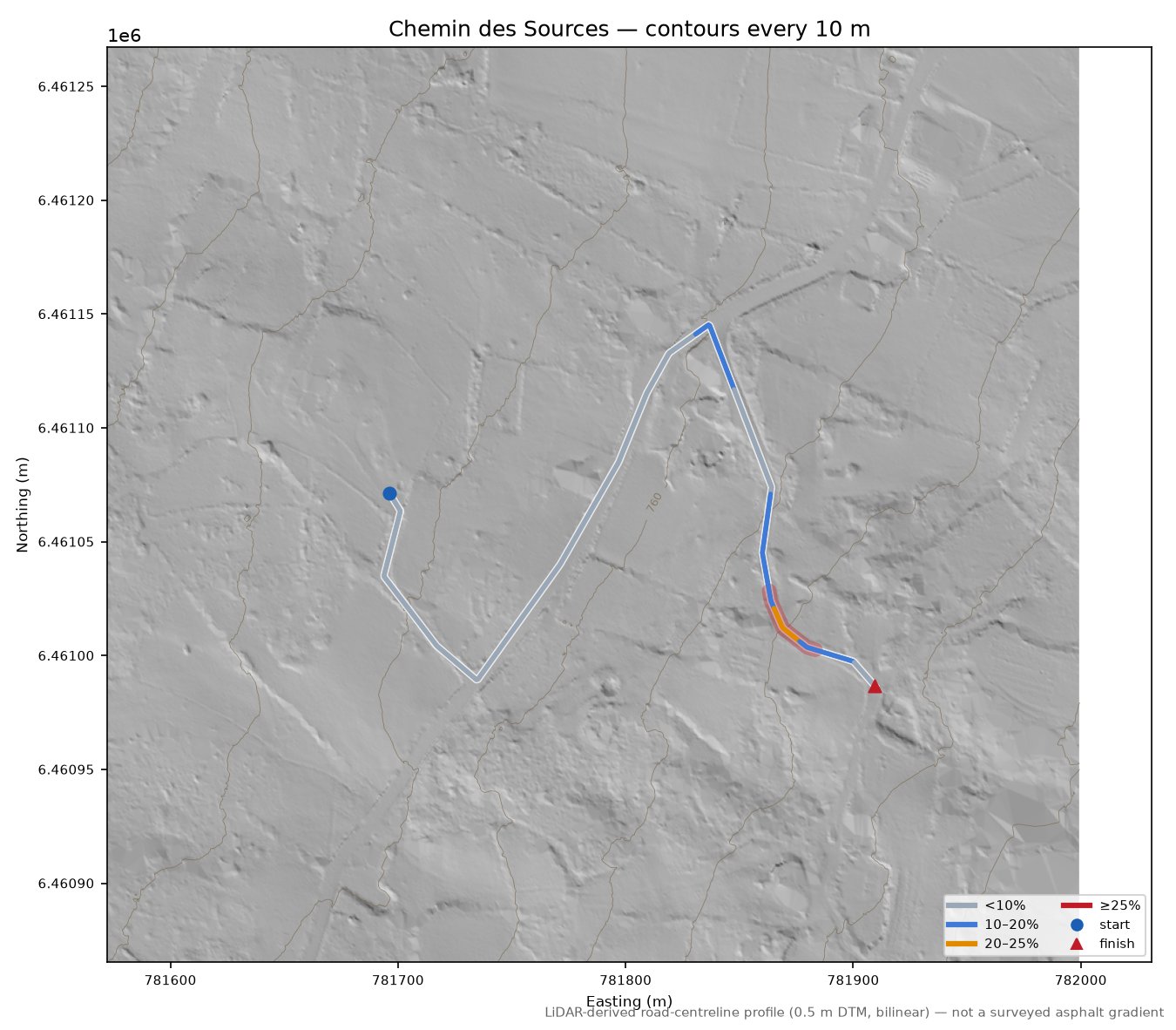 Chemin des Sources LiDAR hillshade map with contours