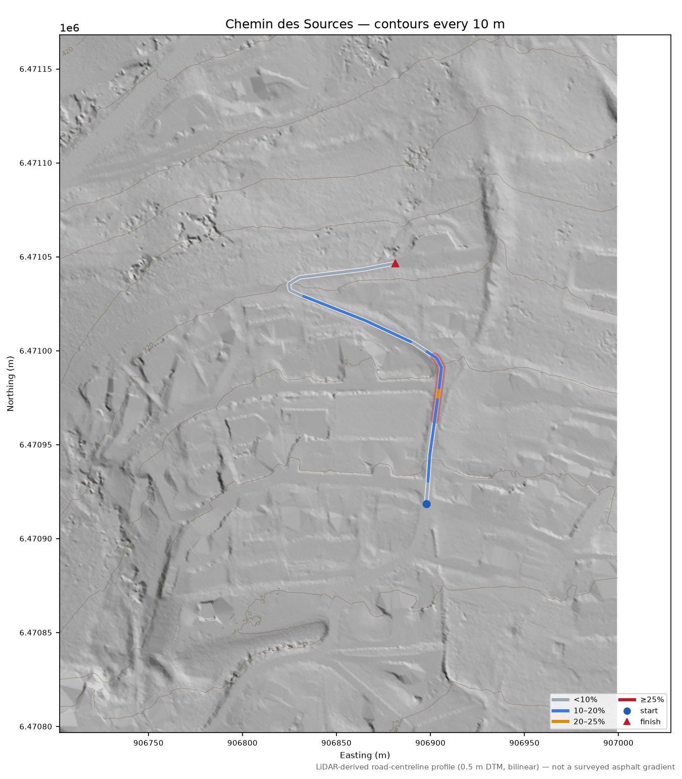 Chemin des Sources LiDAR hillshade map with contours