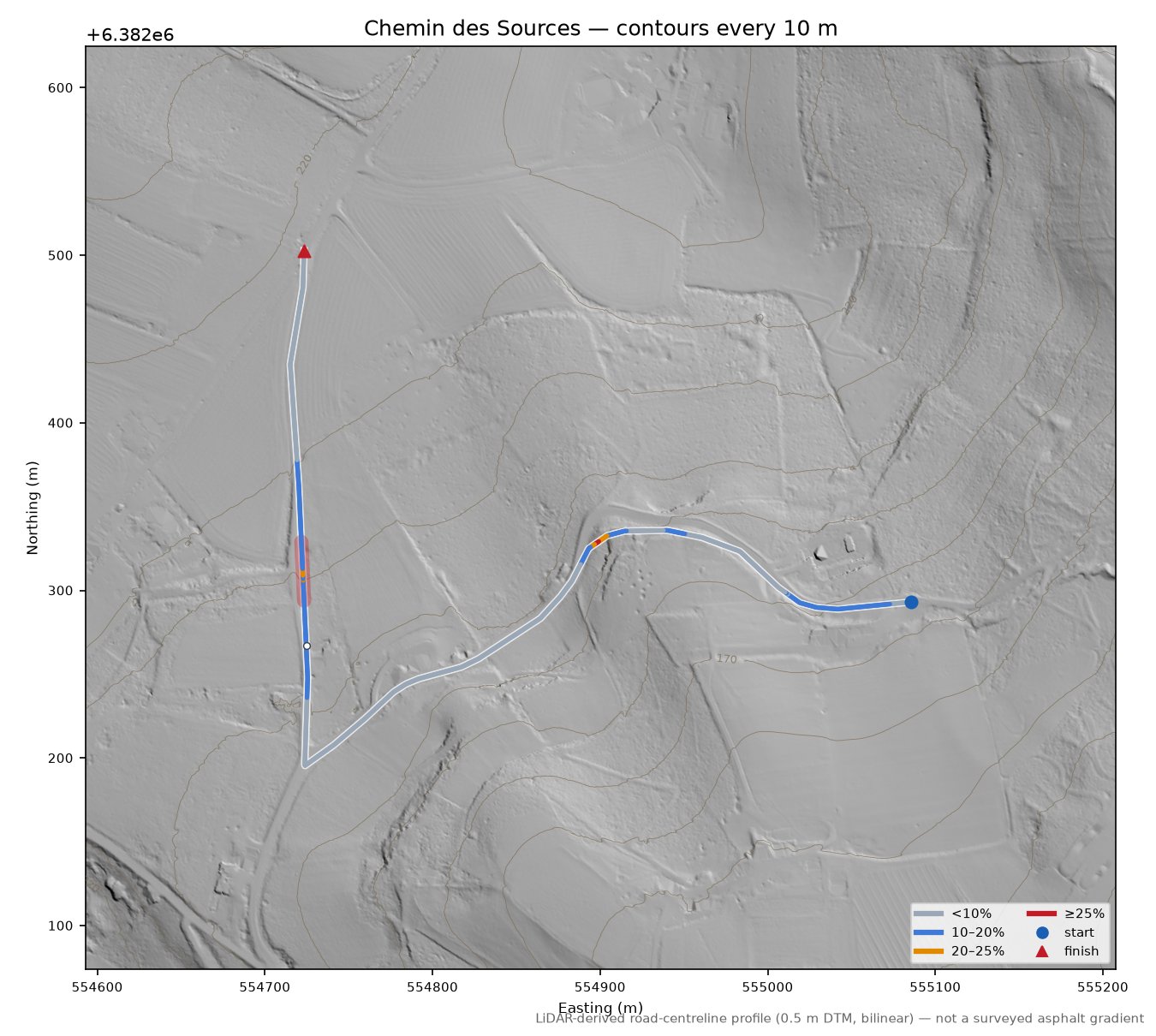 Chemin des Sources LiDAR hillshade map with contours