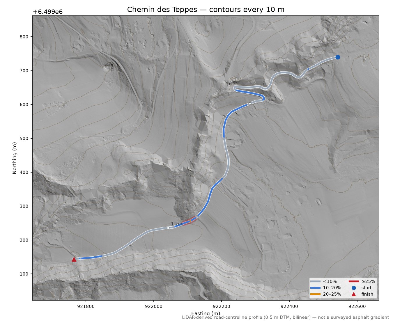 Chemin des Teppes LiDAR hillshade map with contours