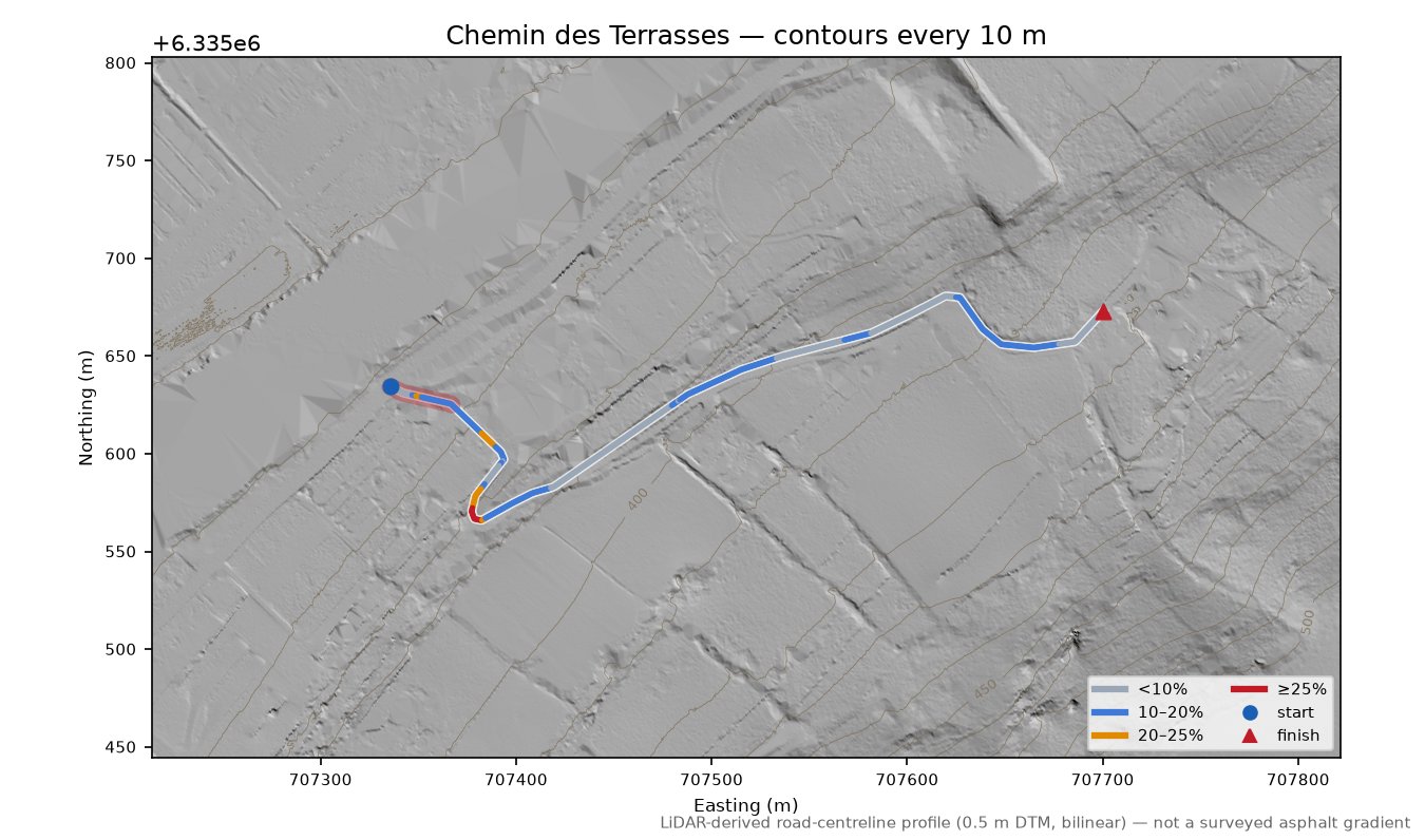 Chemin des Terrasses LiDAR hillshade map with contours