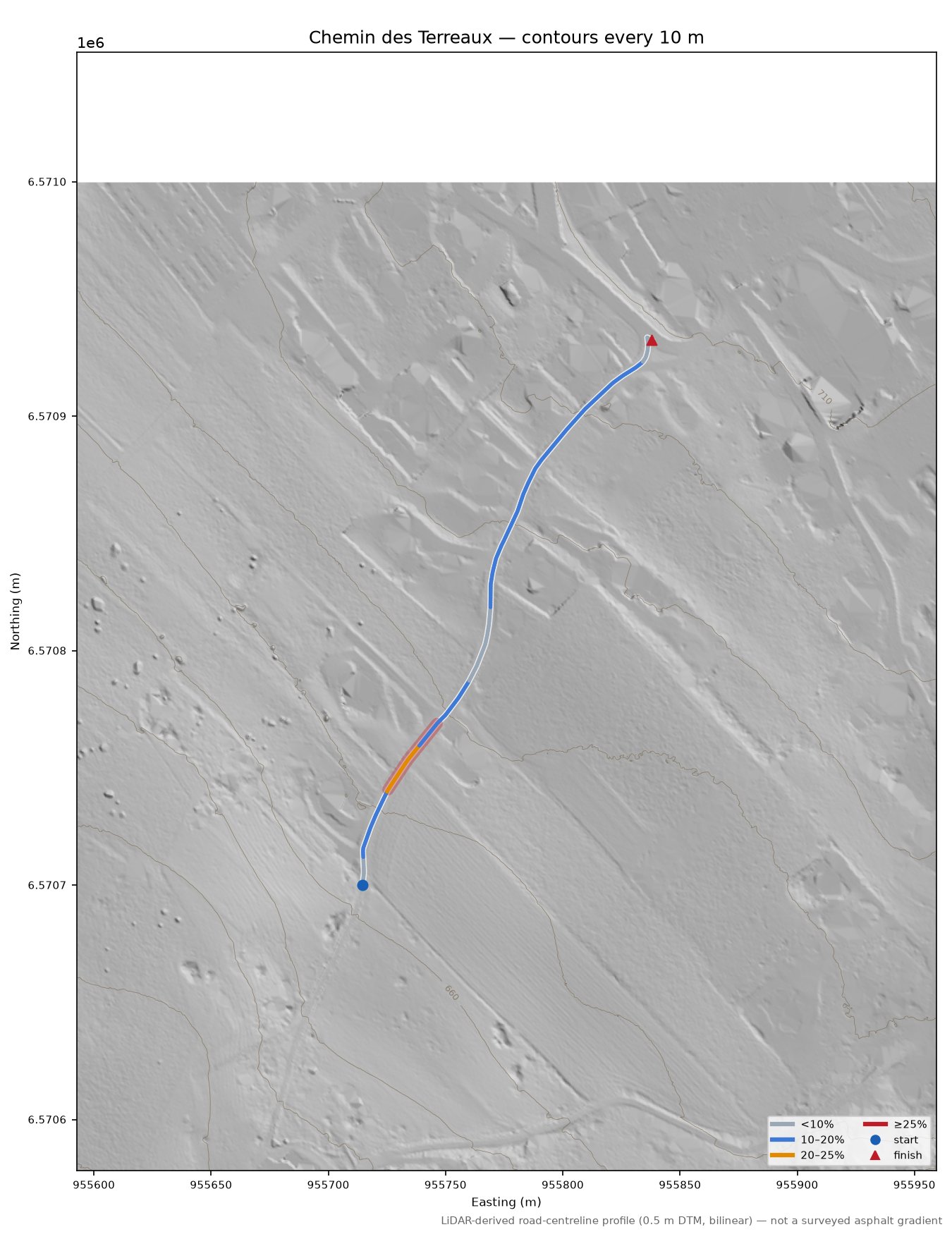 Chemin des Terreaux LiDAR hillshade map with contours