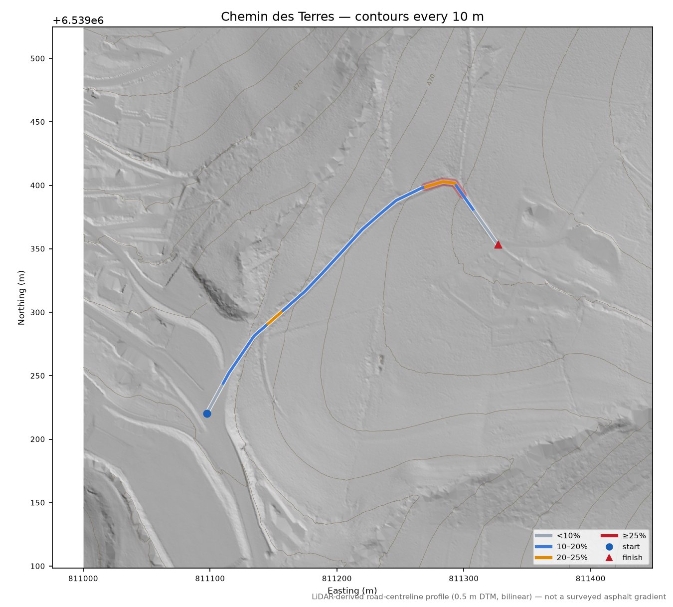 Chemin des Terres LiDAR hillshade map with contours