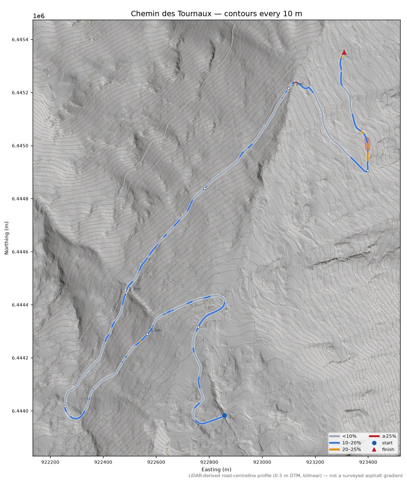 Chemin des Tournaux LiDAR hillshade map with contours