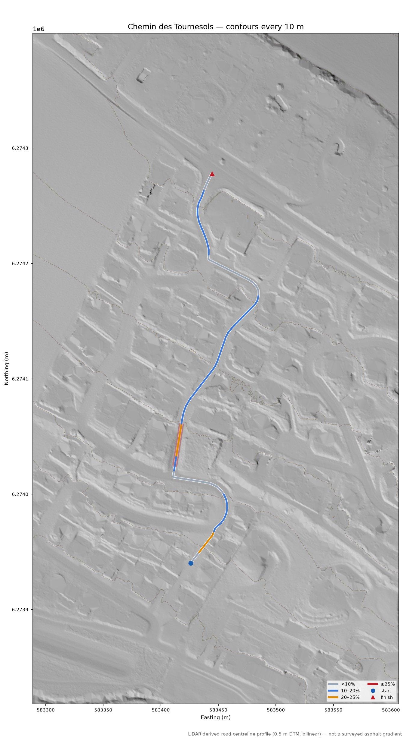 Chemin des Tournesols LiDAR hillshade map with contours