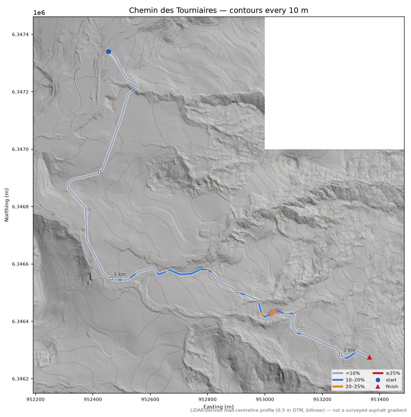 Chemin des Tourniaires LiDAR hillshade map with contours