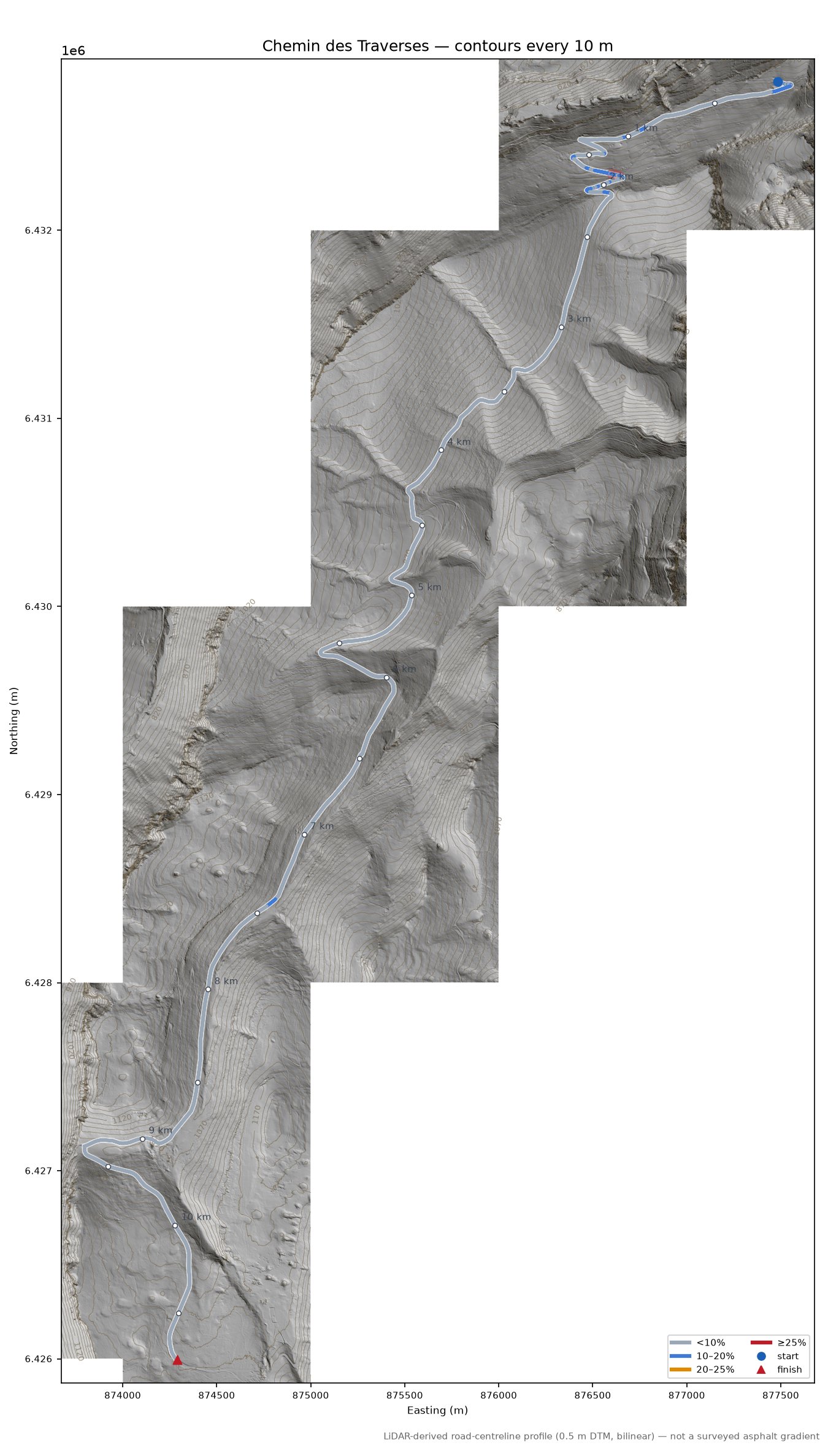 Chemin des Traverses LiDAR hillshade map with contours