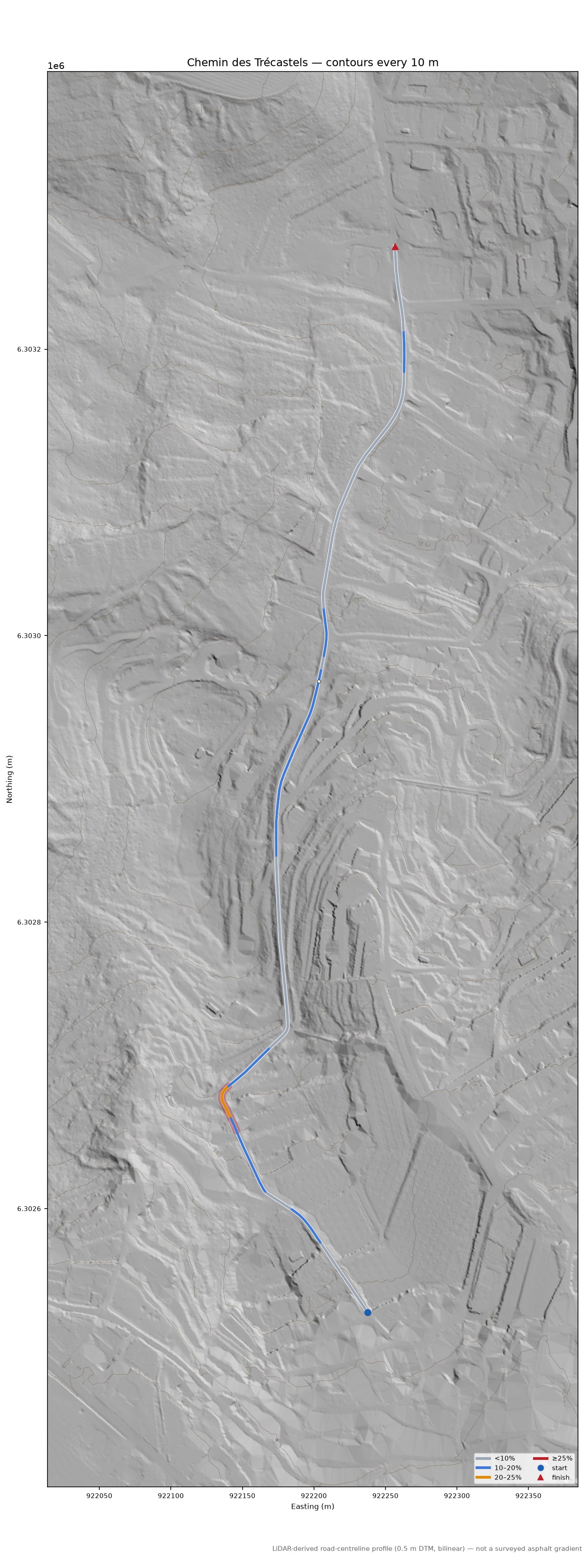 Chemin des Trécastels LiDAR hillshade map with contours