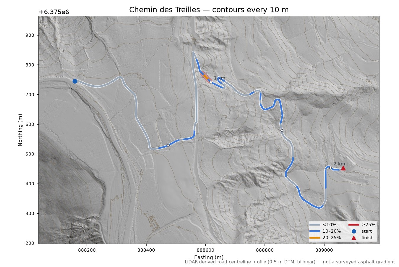 Chemin des Treilles LiDAR hillshade map with contours
