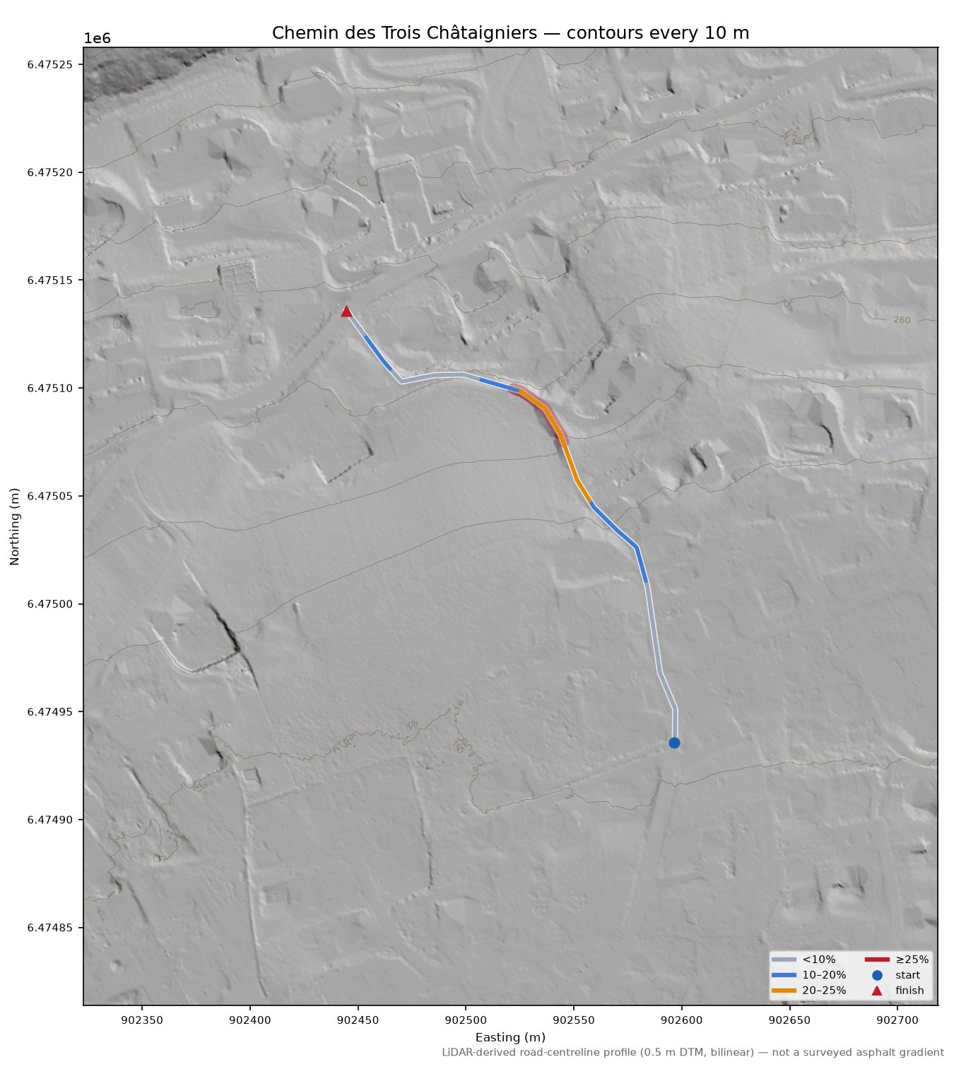 Chemin des Trois Châtaigniers LiDAR hillshade map with contours