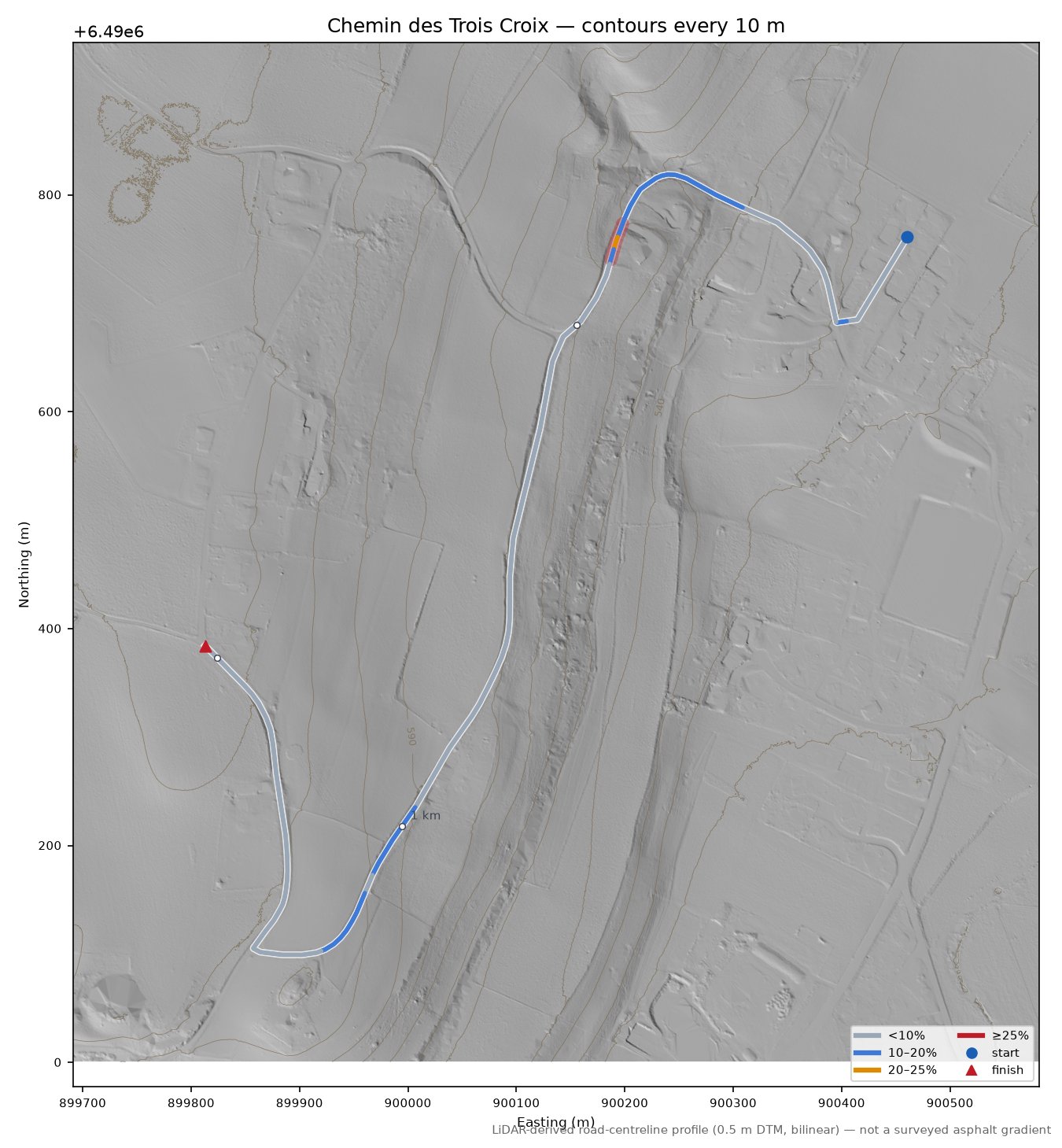 Chemin des Trois Croix LiDAR hillshade map with contours