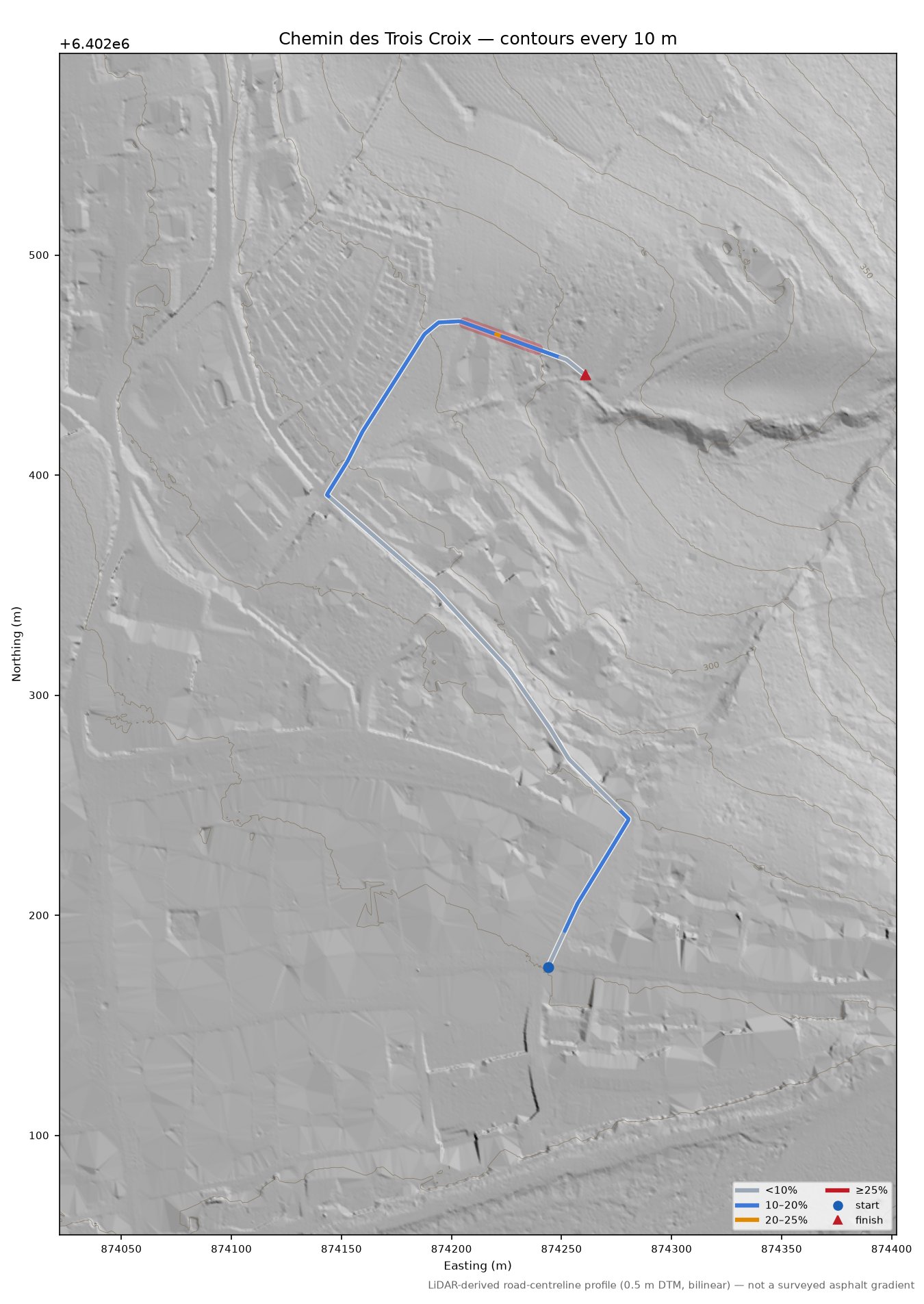 Chemin des Trois Croix LiDAR hillshade map with contours