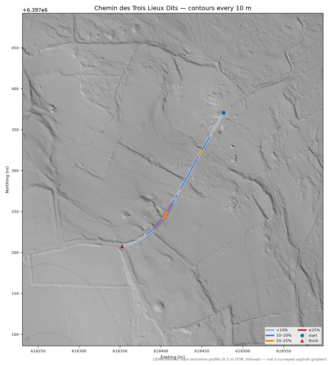 Chemin des Trois Lieux Dits LiDAR hillshade map with contours
