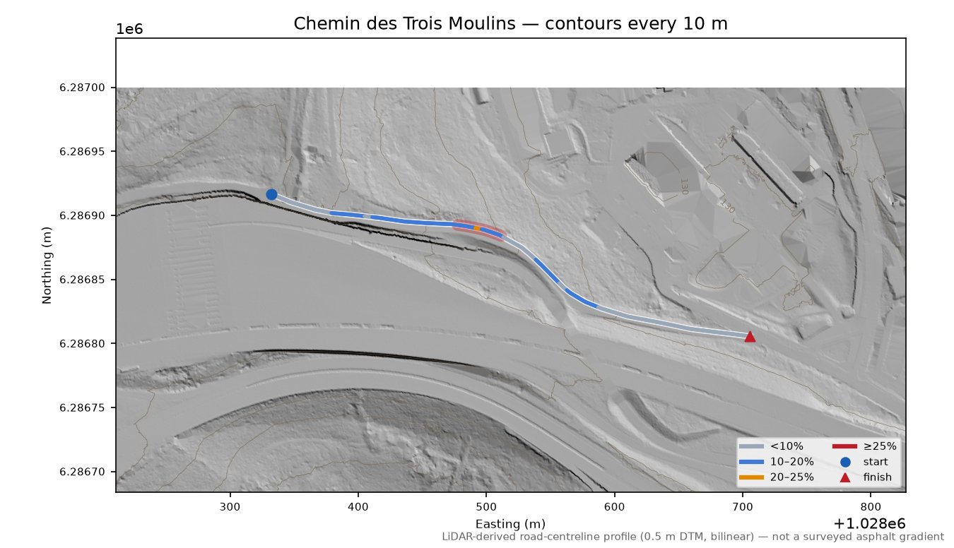 Chemin des Trois Moulins LiDAR hillshade map with contours
