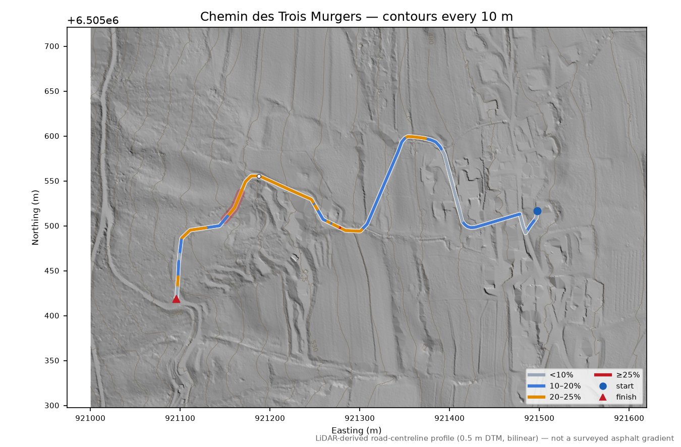 Chemin des Trois Murgers LiDAR hillshade map with contours
