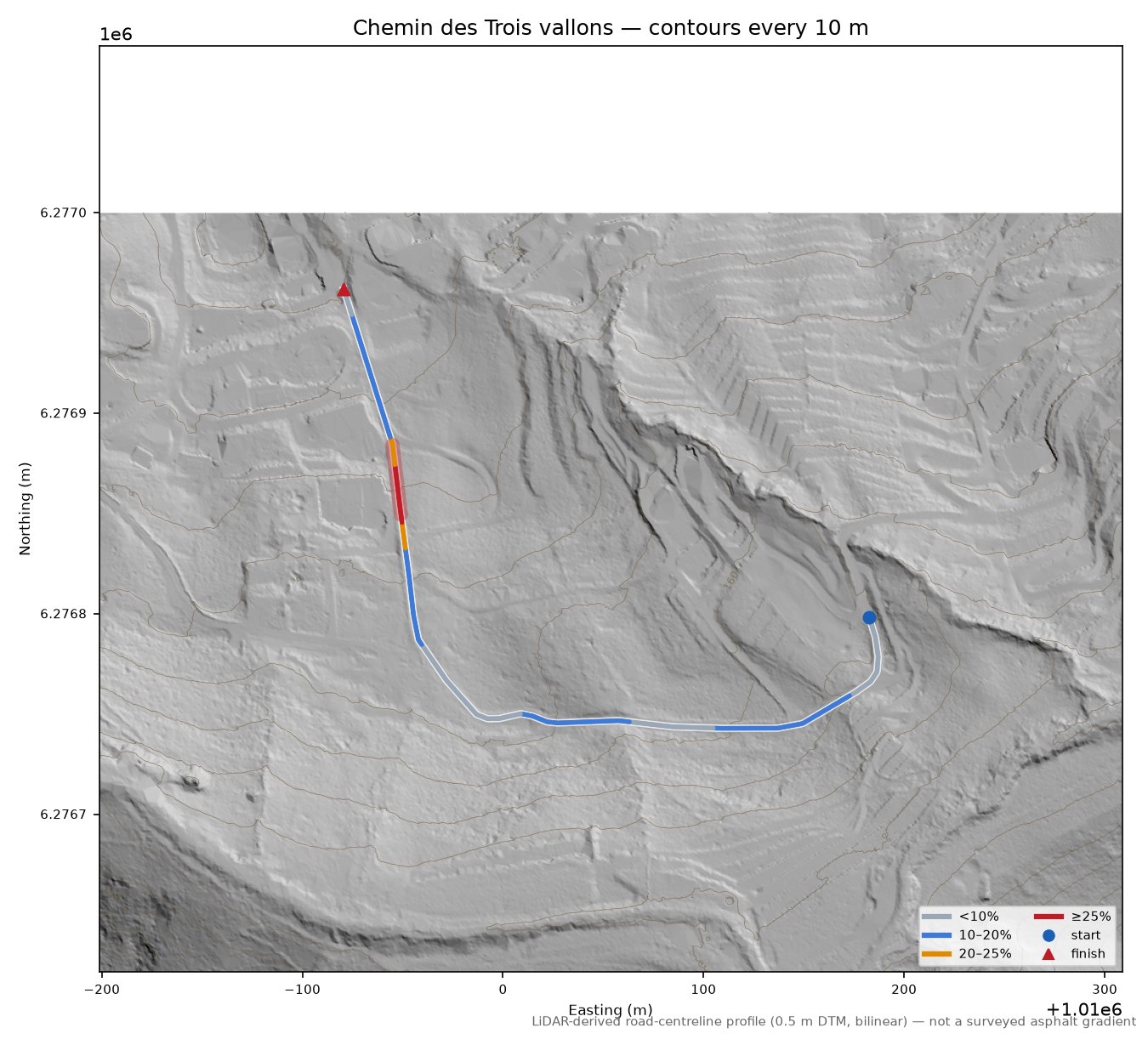 Chemin des Trois vallons LiDAR hillshade map with contours