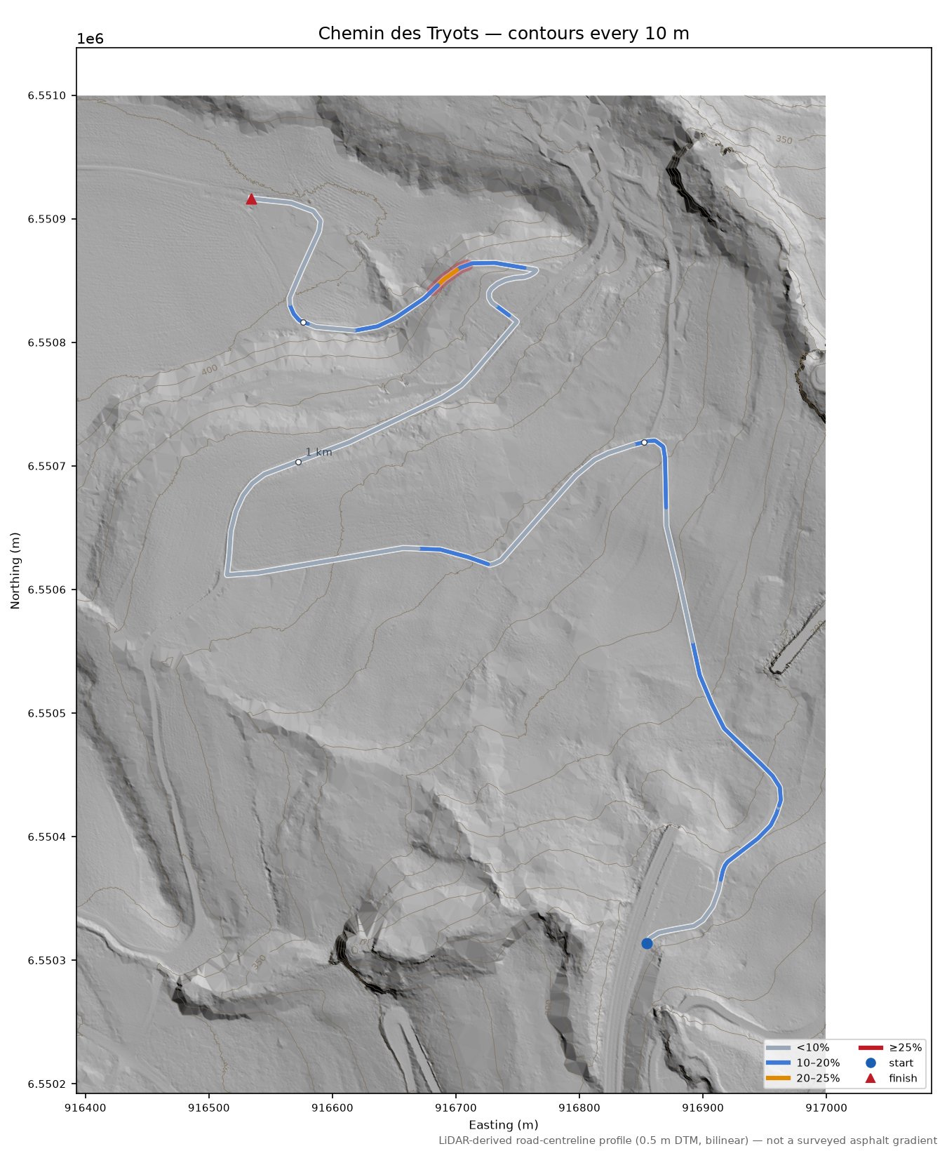Chemin des Tryots LiDAR hillshade map with contours