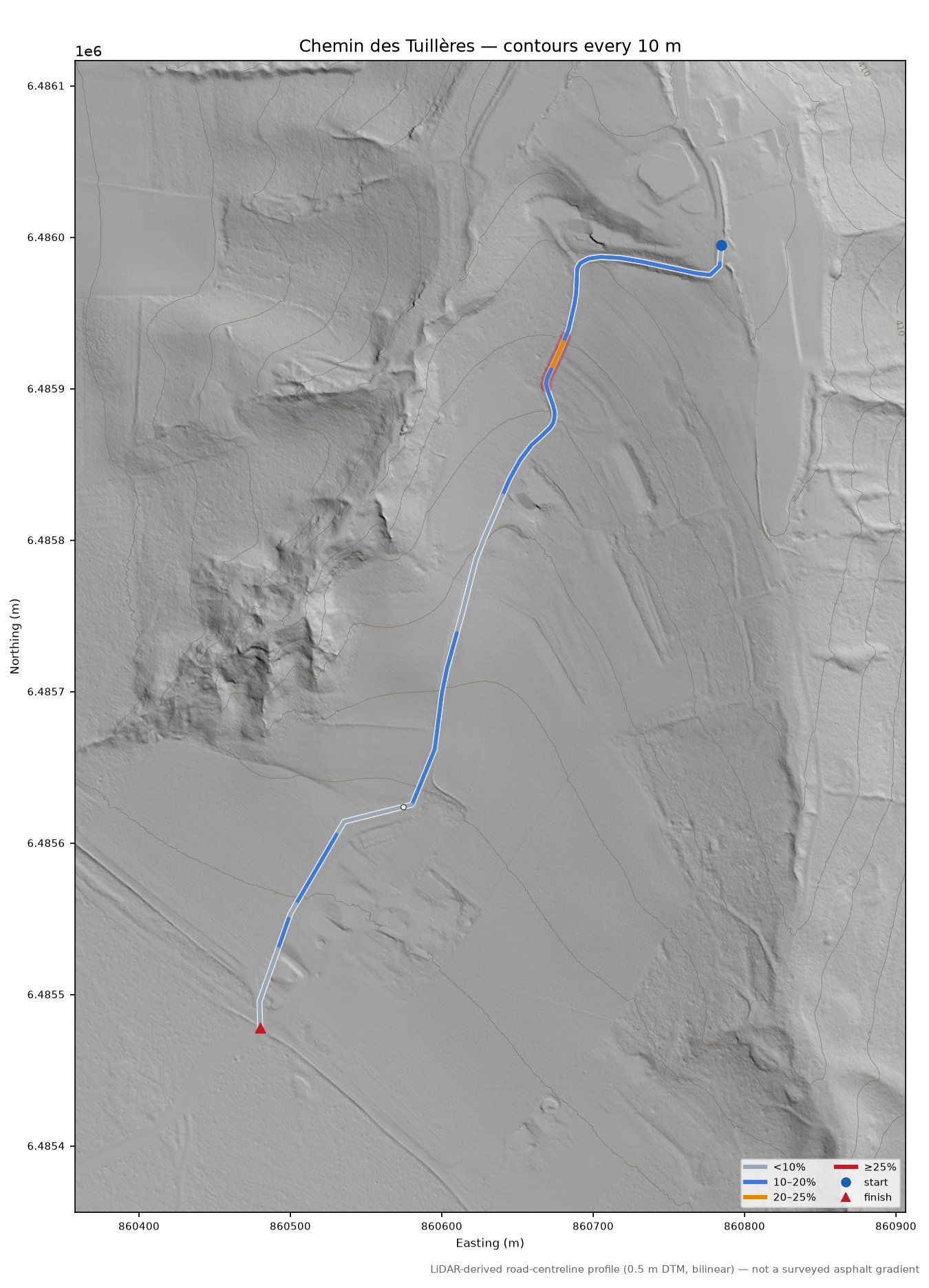 Chemin des Tuillères LiDAR hillshade map with contours