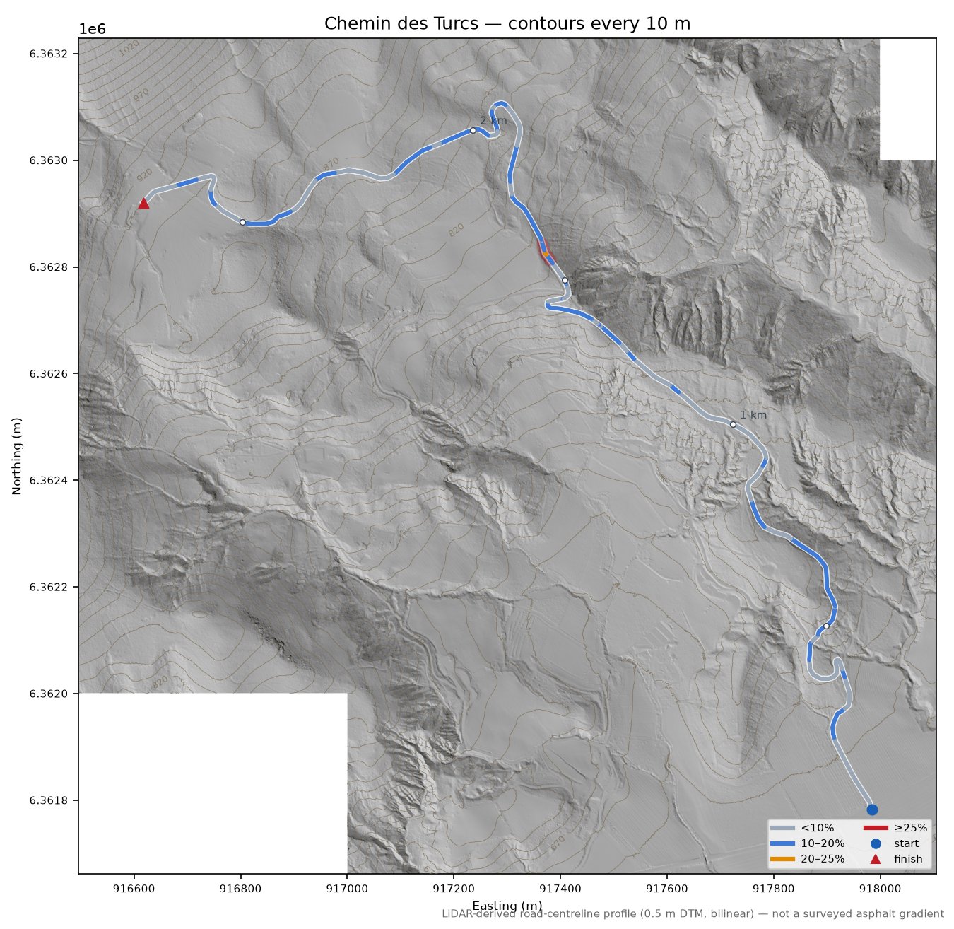 Chemin des Turcs LiDAR hillshade map with contours