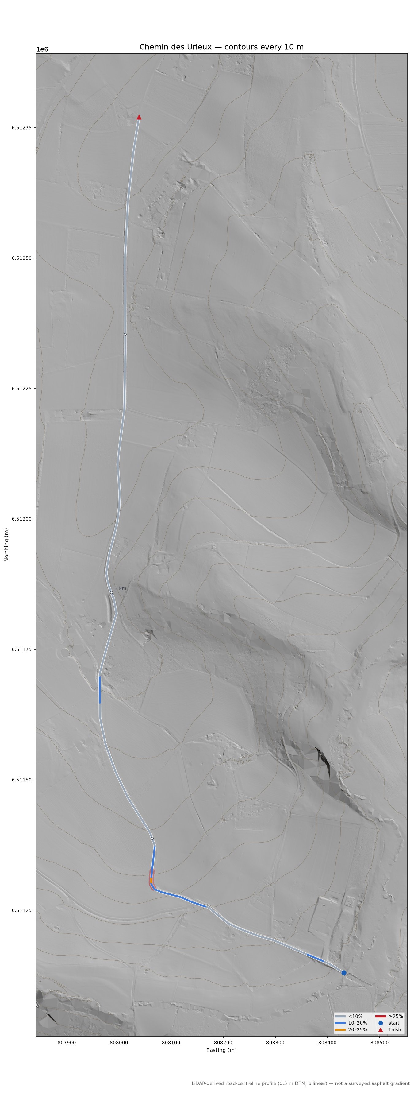 Chemin des Urieux LiDAR hillshade map with contours