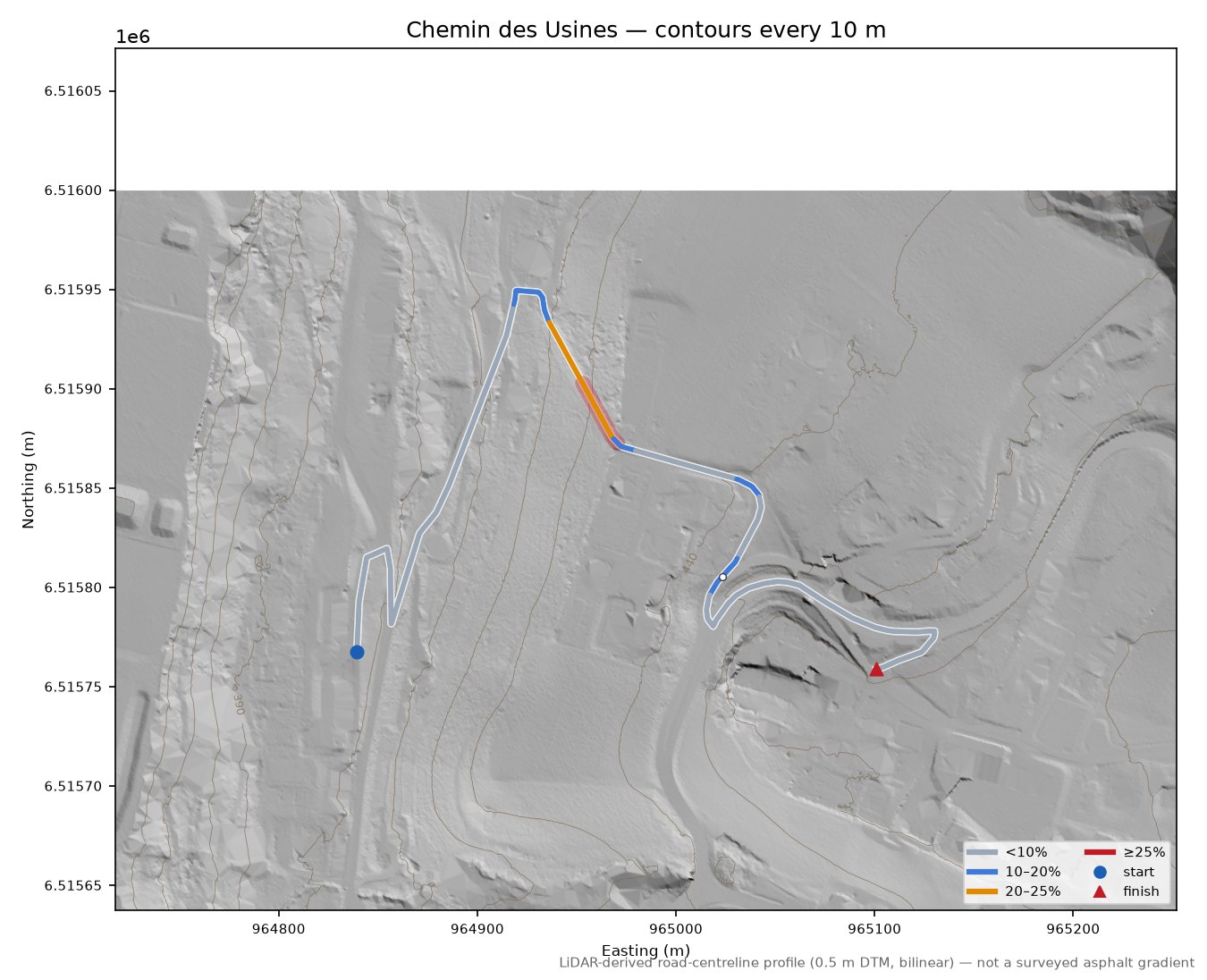 Chemin des Usines LiDAR hillshade map with contours