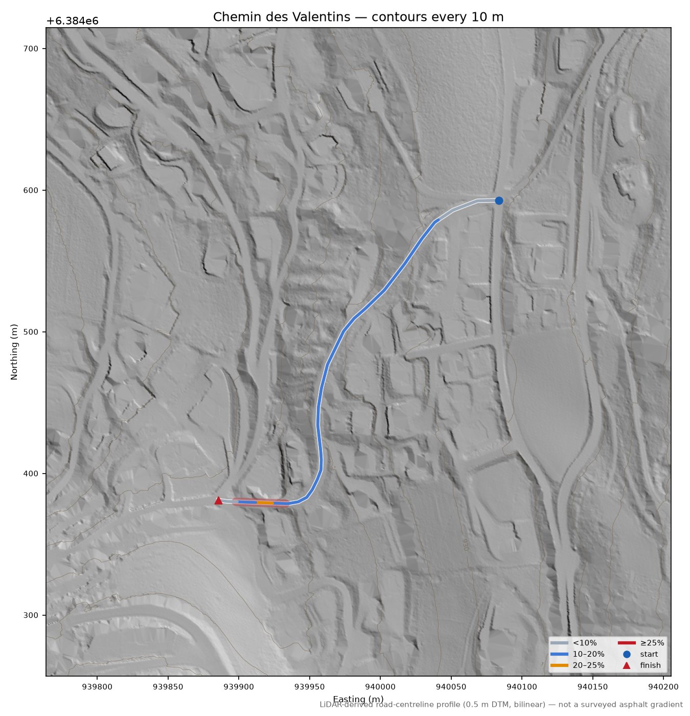 Chemin des Valentins LiDAR hillshade map with contours