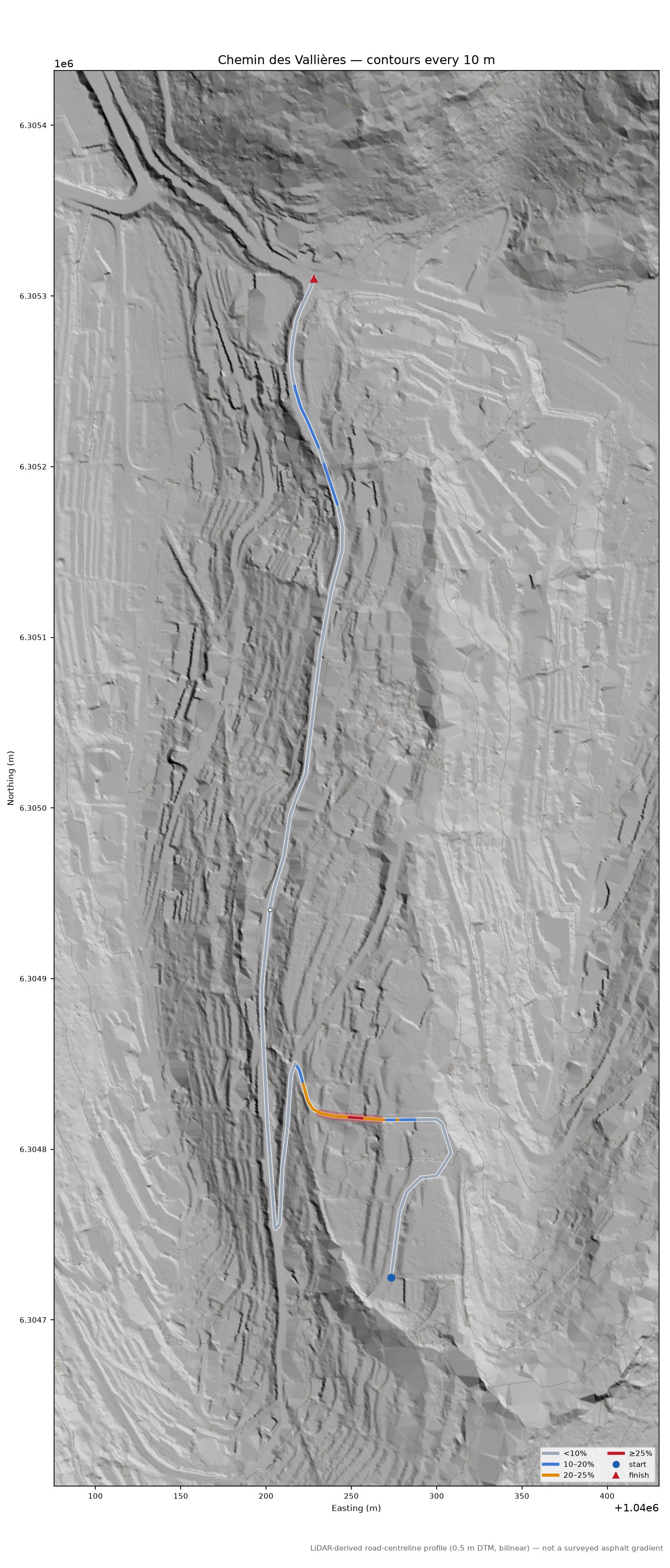 Chemin des Vallières LiDAR hillshade map with contours