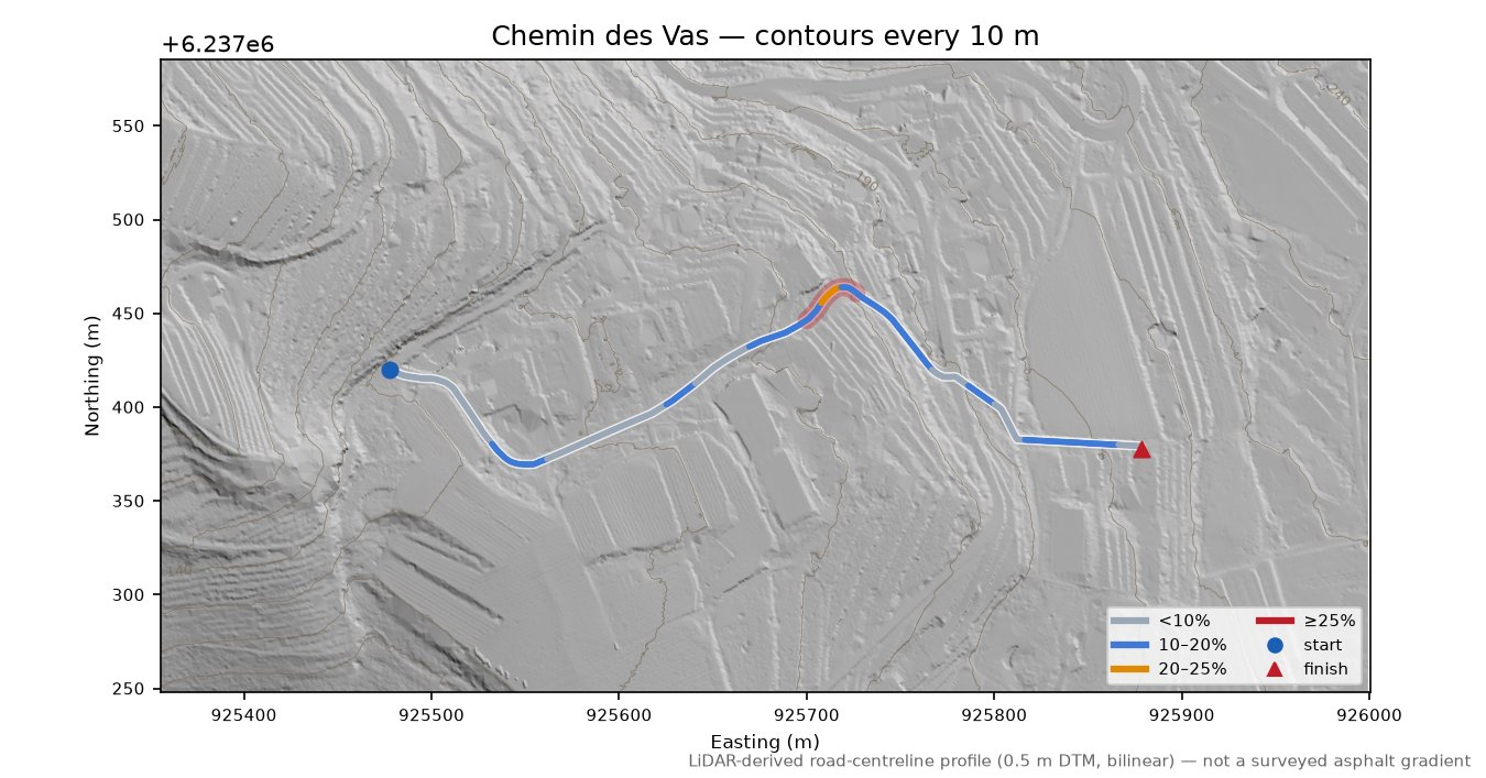 Chemin des Vas LiDAR hillshade map with contours