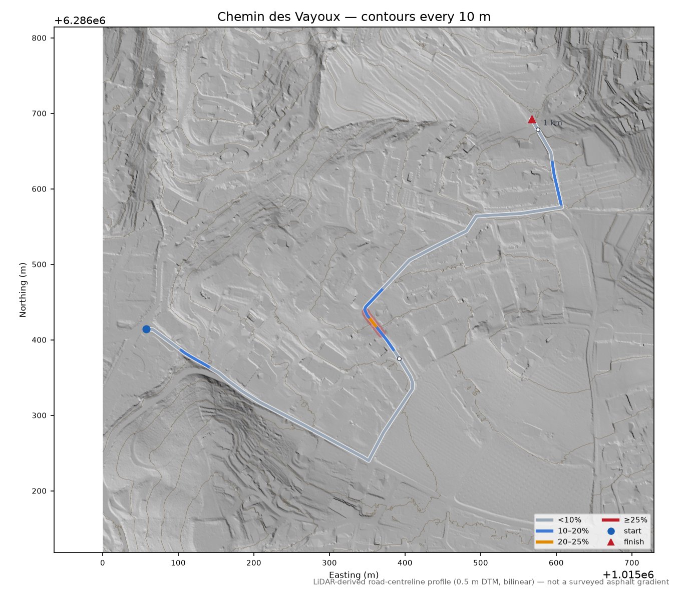 Chemin des Vayoux LiDAR hillshade map with contours