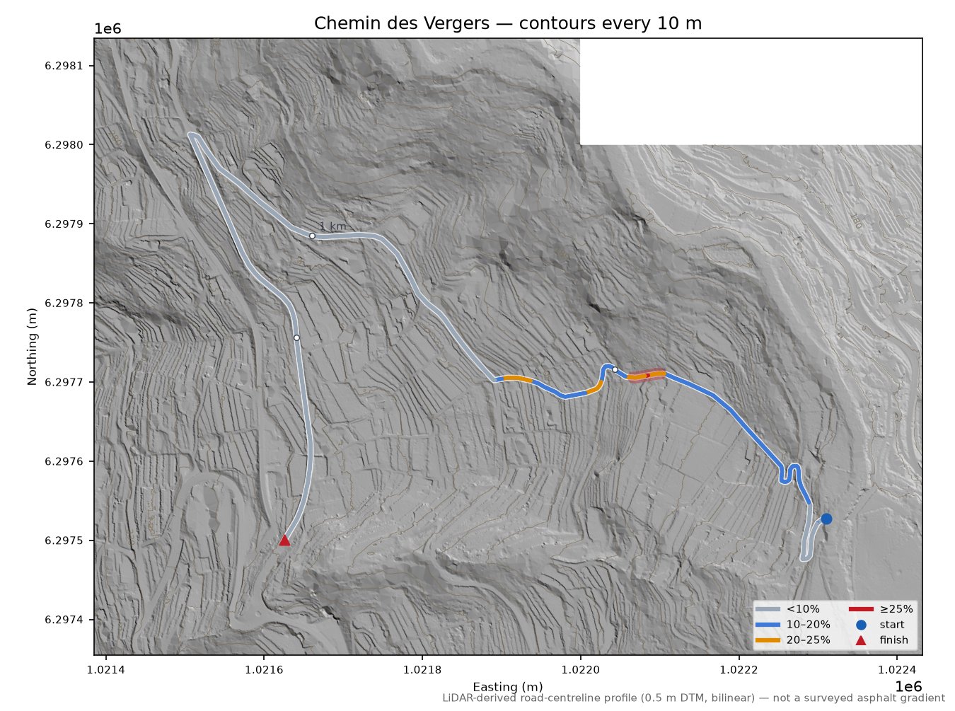 Chemin des Vergers LiDAR hillshade map with contours