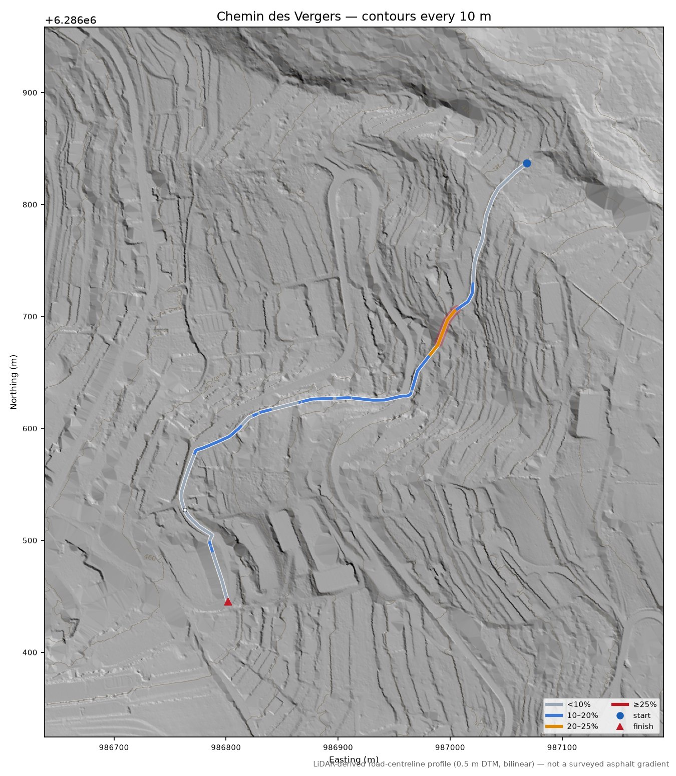 Chemin des Vergers LiDAR hillshade map with contours