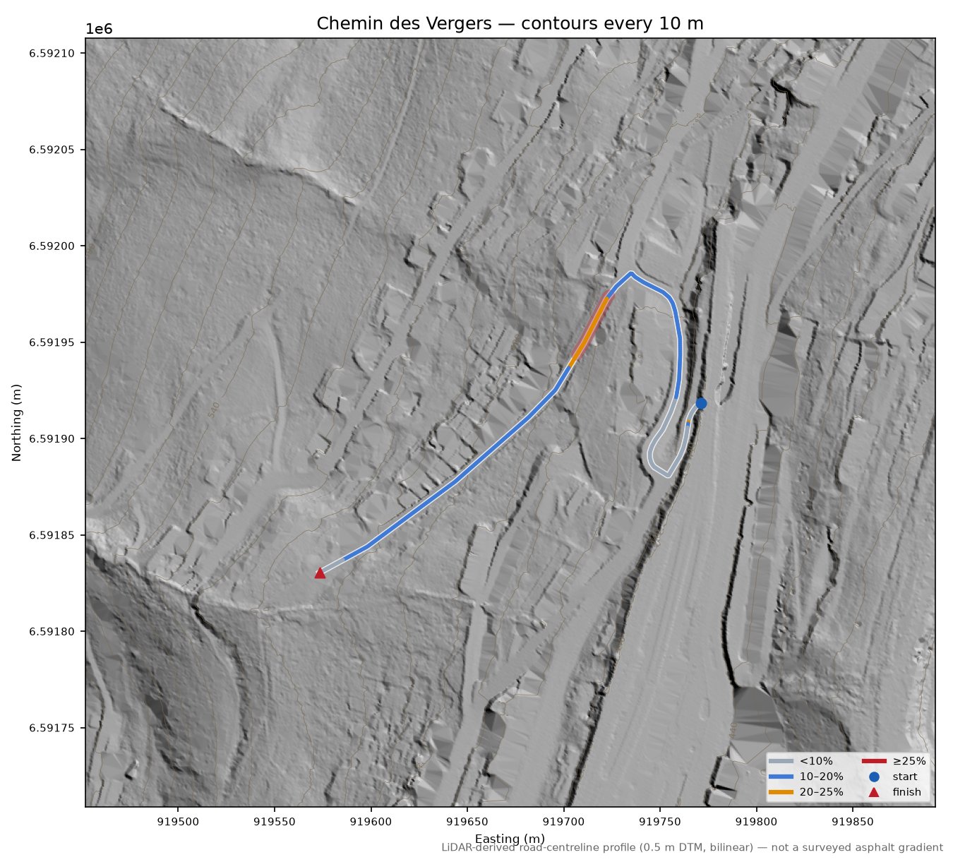 Chemin des Vergers LiDAR hillshade map with contours