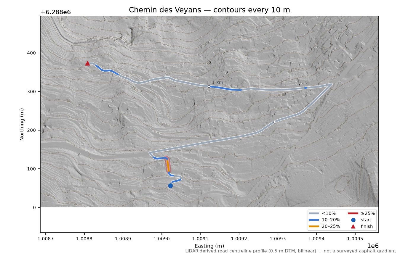 Chemin des Veyans LiDAR hillshade map with contours