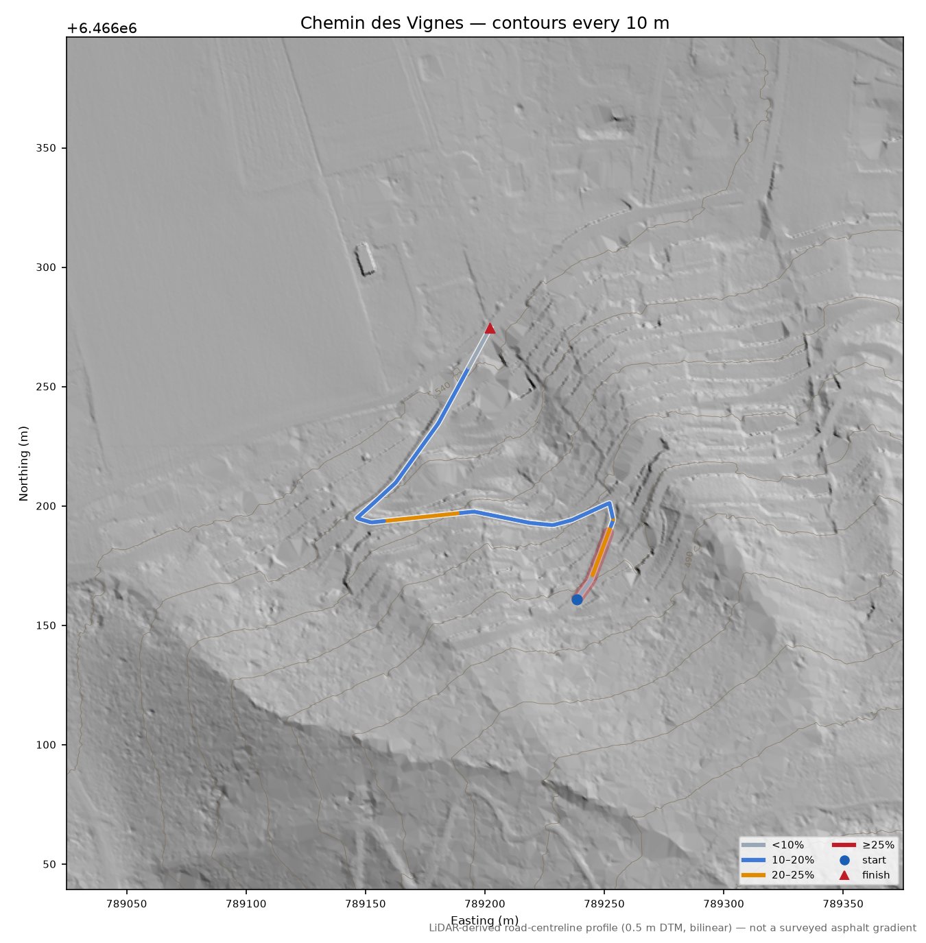 Chemin des Vignes LiDAR hillshade map with contours
