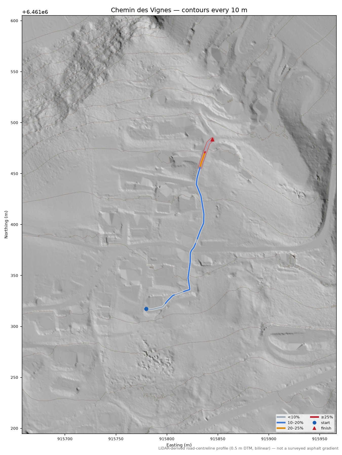 Chemin des Vignes LiDAR hillshade map with contours