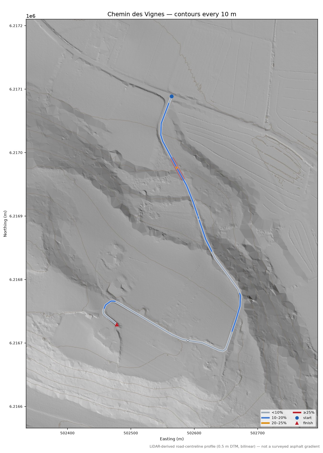 Chemin des Vignes LiDAR hillshade map with contours