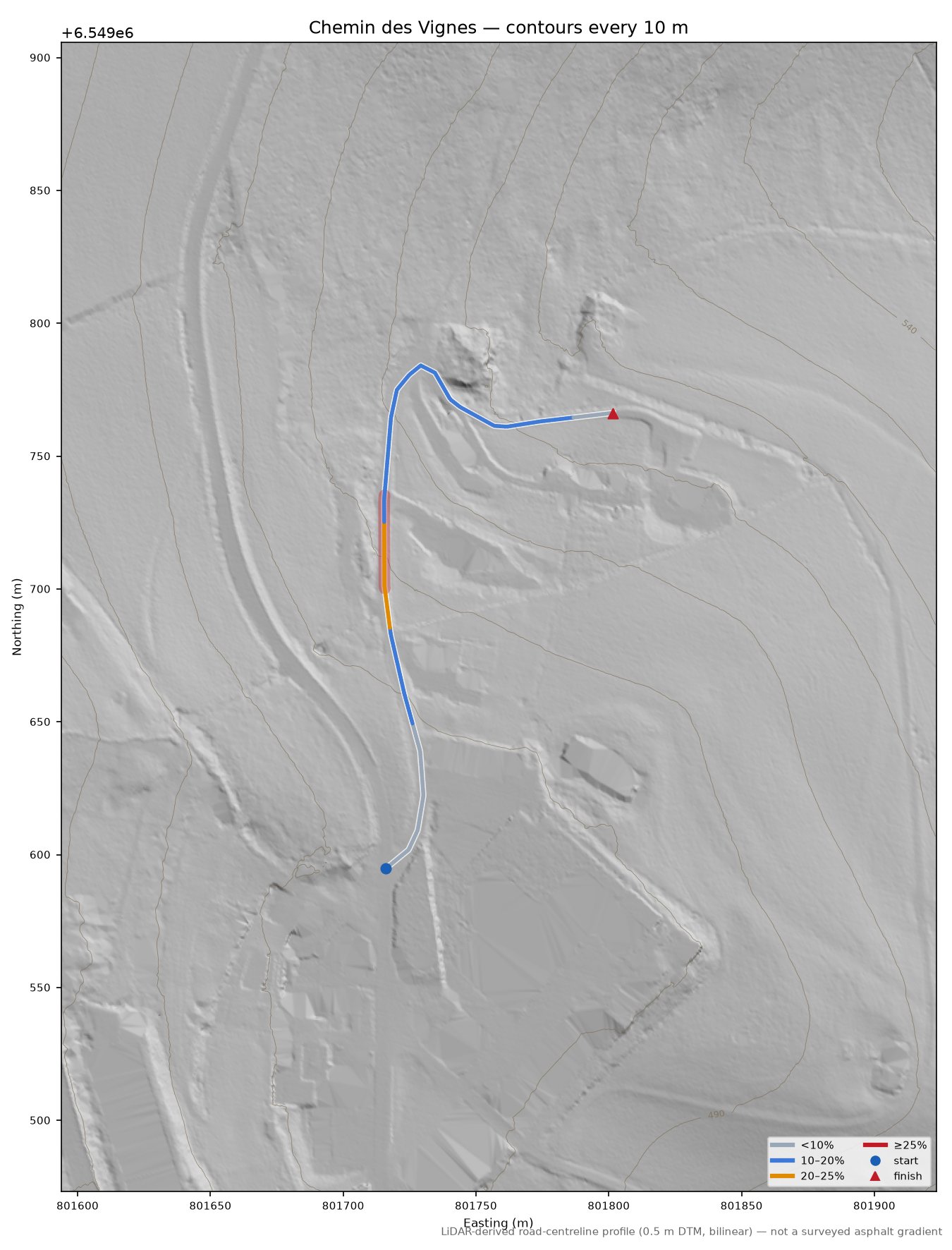Chemin des Vignes LiDAR hillshade map with contours