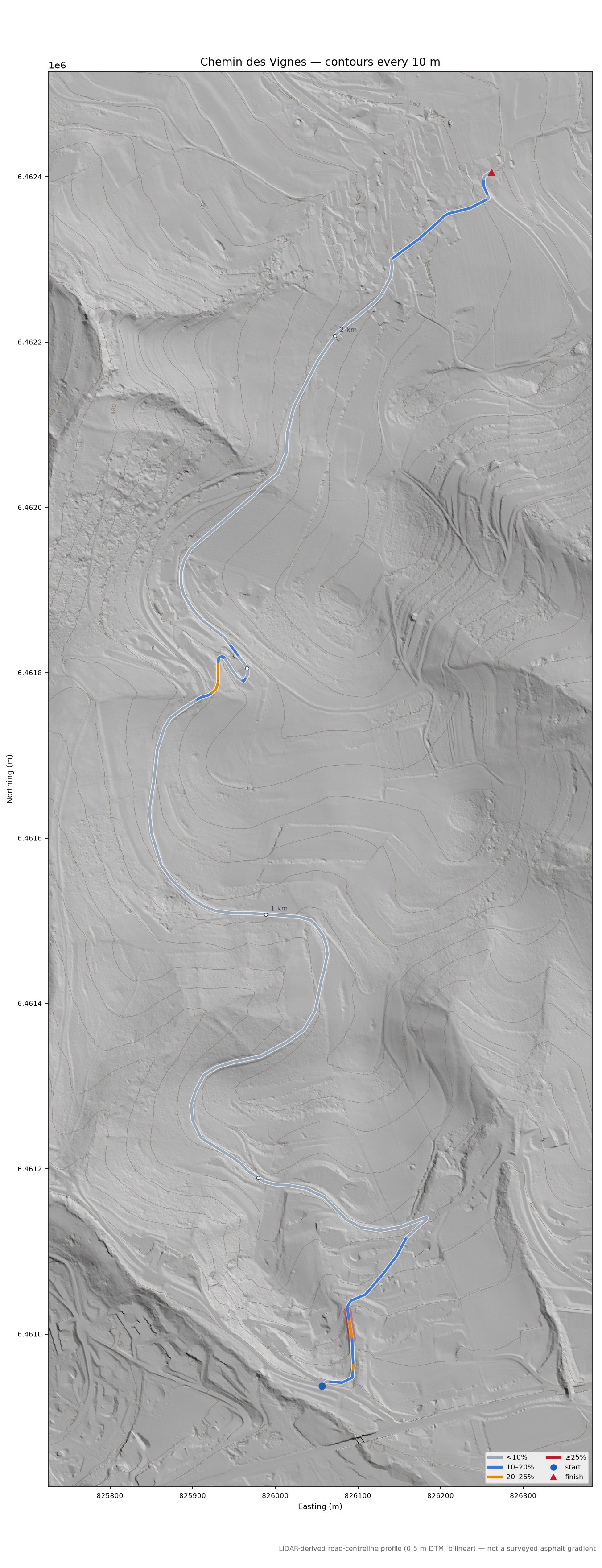 Chemin des Vignes LiDAR hillshade map with contours